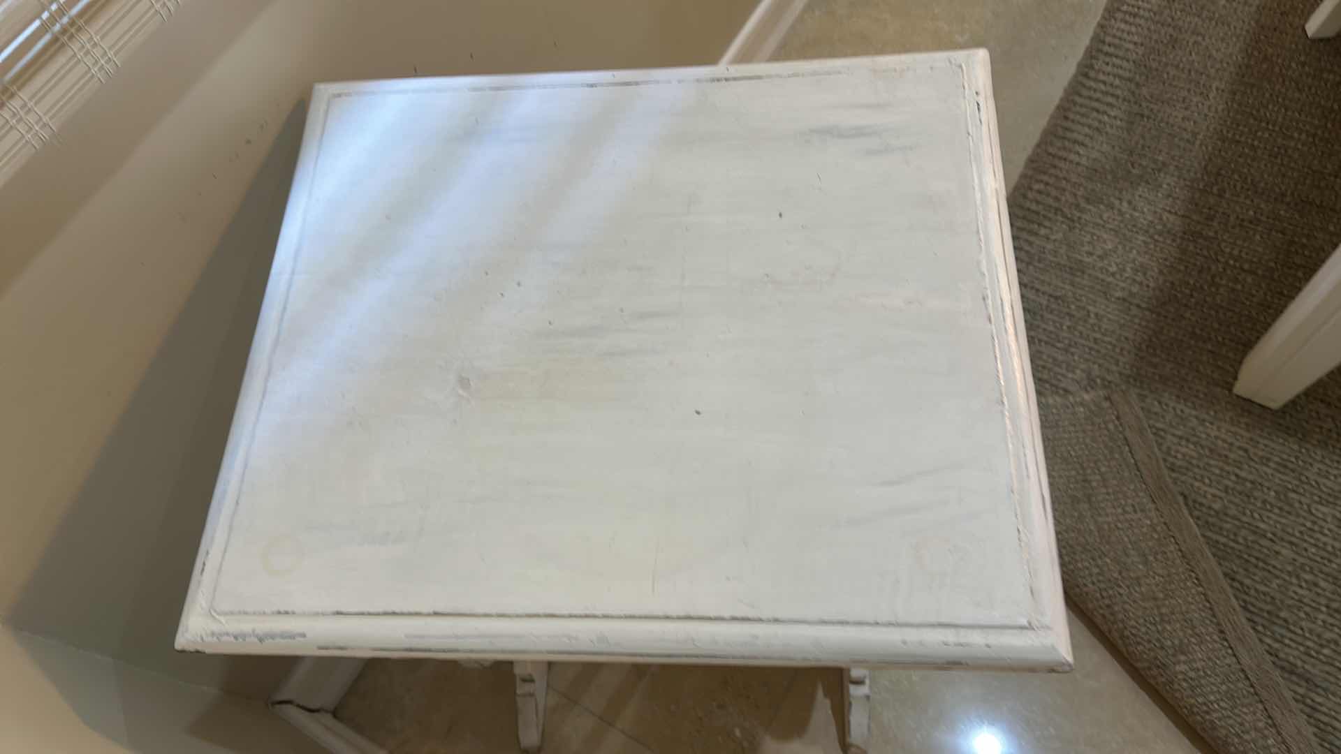 Photo 1 of FRENCH PROVINCIAL COUNTRY MAGAZINE SIDE TABLE W DISTRESSED WHITE FINISH & LOWER STORAGE RACK/ ATTACHED 19” x 16” x H24 1/2”