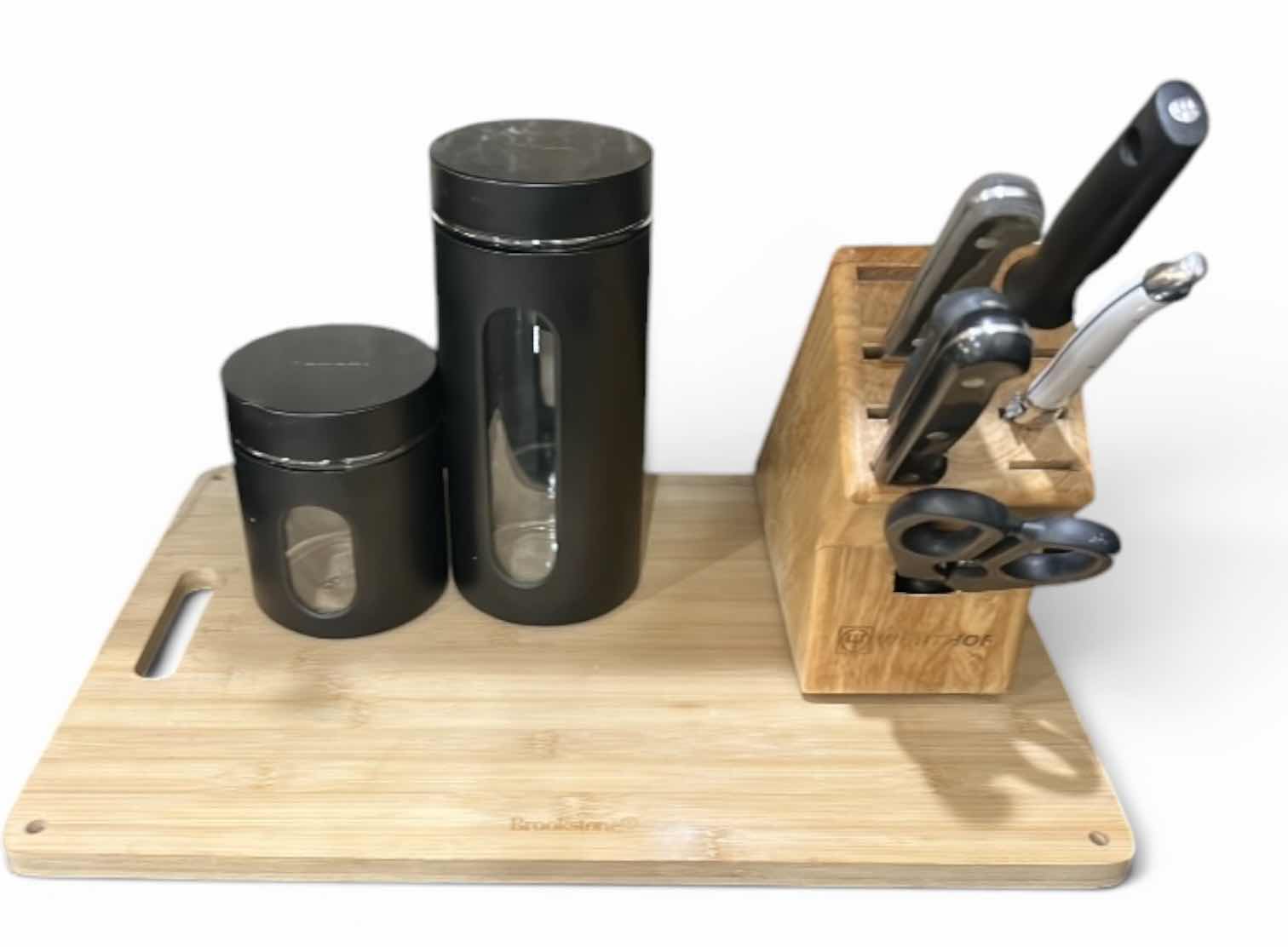 Photo 1 of CUTTING BOARD, CANISTERS, KNIFE, BLOCK, AND MORE