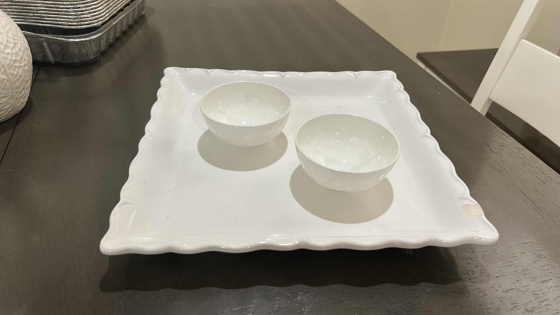 Photo 1 of TWO SMALL BONE CHINA BOWLS AND LARGE SQUARE SCALLOPED PLATE/SERVING TRAY CERIART, S. A. MADE IN PORTUGAL.
