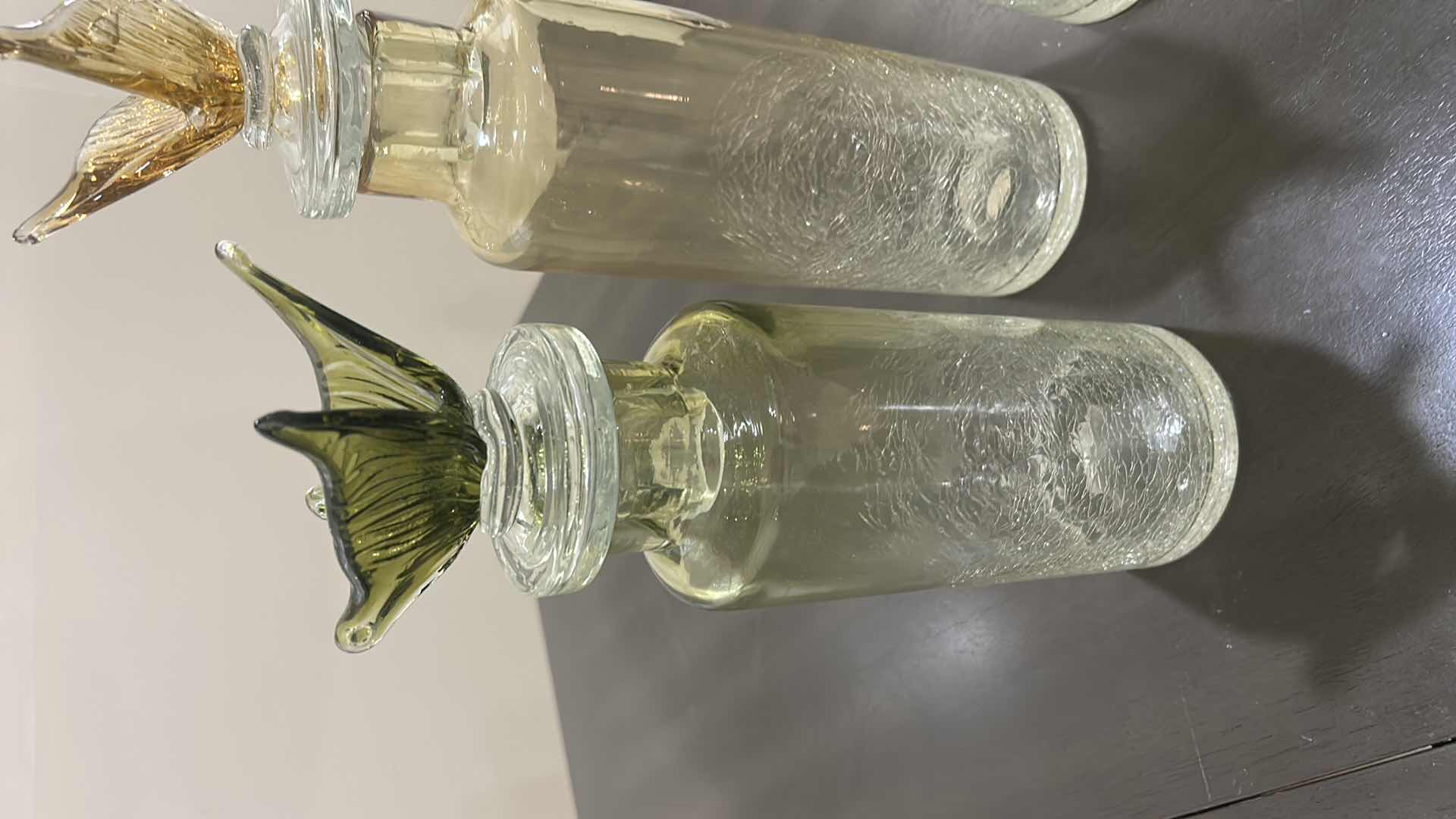 Photo 1 of 3 DECORATIVE BOTTLES FEATURE UNIQUE BUTTERFLY GLASS STOPPERS. (TALLEST H17.5”)
