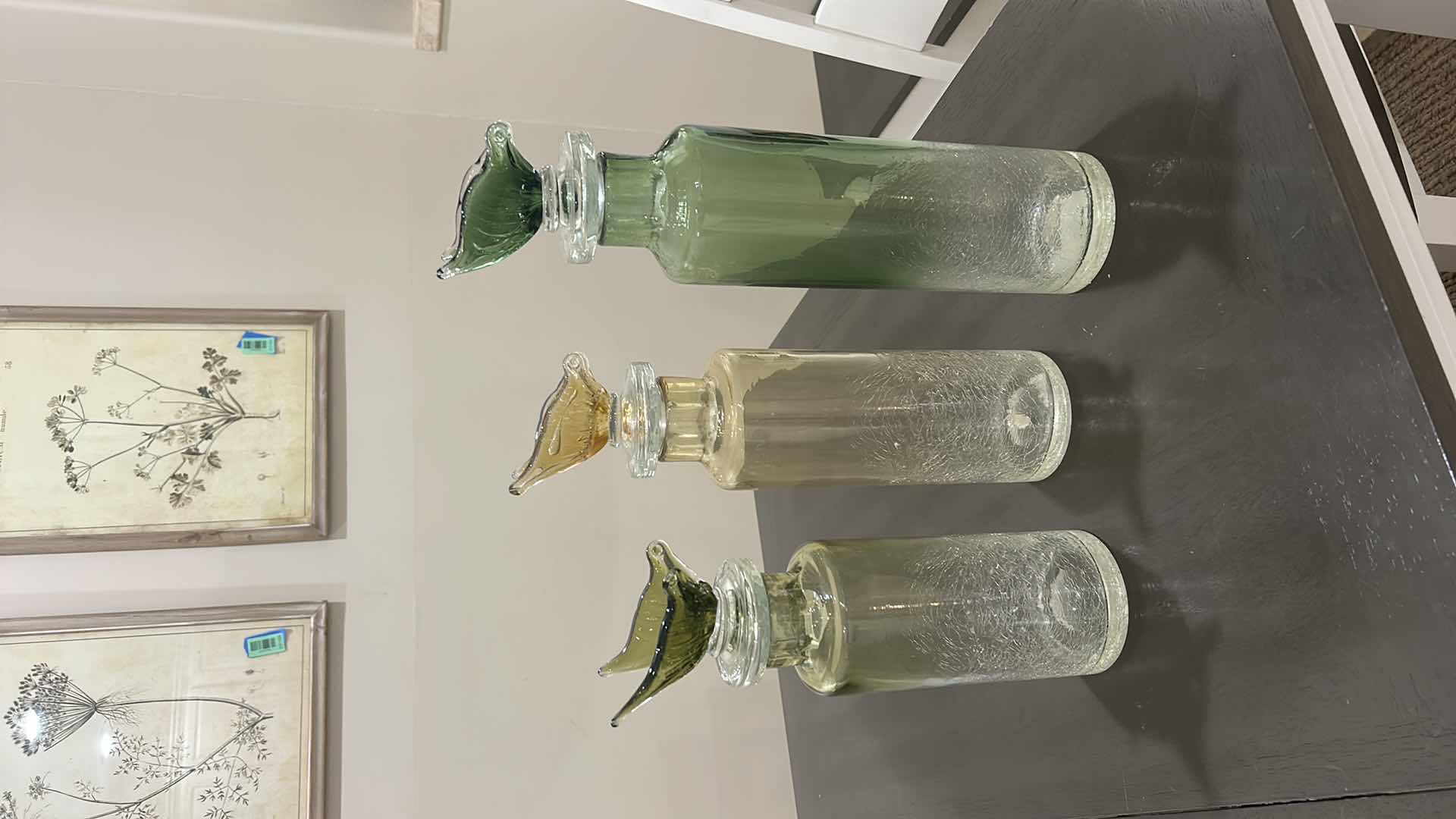 Photo 1 of 3 DECORATIVE BOTTLES FEATURE UNIQUE BUTTERFLY GLASS STOPPERS. (TALLEST H17.5”)