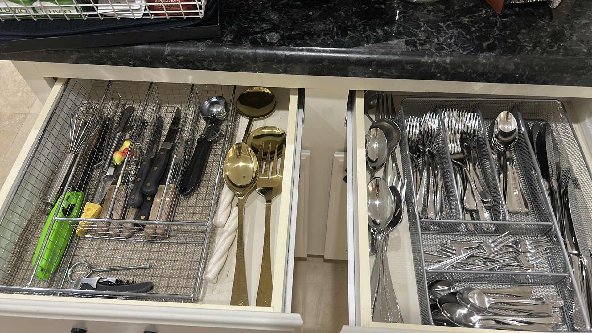 Photo 1 of TWO DRAWERS FULL OF KITCHEN, UTENSILS, SILVERWARE, KNIVES, AND MORE