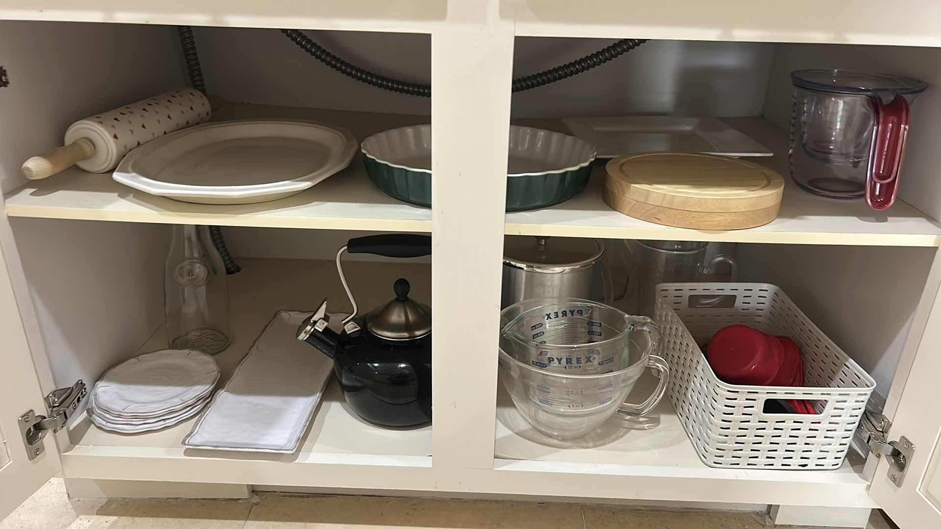 Photo 1 of CONTENTS OF KITCHEN CABINET, MEASURING ITEMS, SERVINGWARE, TEAPOT, AND MORE
