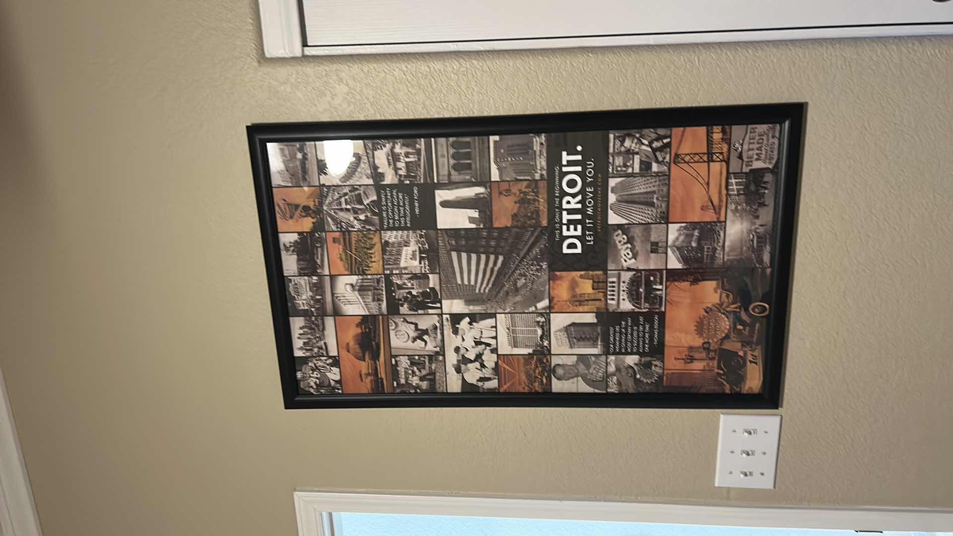 Photo 1 of FRAMED ART PRINT FEATURES A COLLAGE BRANDED WITH THE SLOGAN “DETROIT. LET IT MOVE”. 22 1/4” x H 38 1/4”