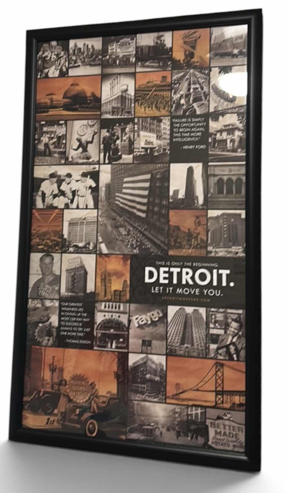 Photo 1 of FRAMED ART PRINT FEATURES A COLLAGE BRANDED WITH THE SLOGAN “DETROIT. LET IT MOVE”. 22 1/4” x H 38 1/4”