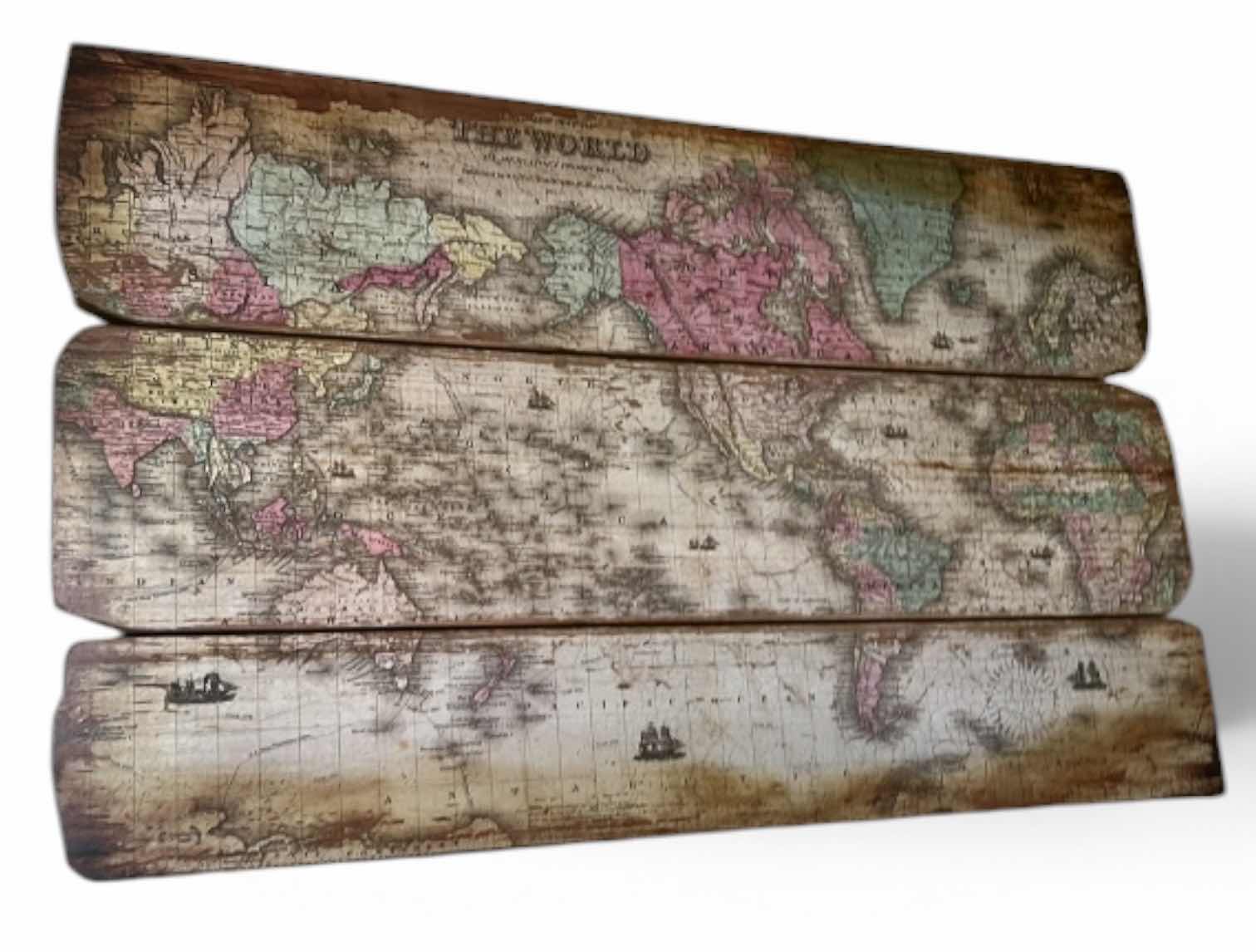 Photo 1 of VINTAGE-STYLE WORLD MAP ART PIECE IS SPLIT ACROSS THREE WEATHERED WOODEN BOARDS. 47” x H28 1/2” ARTWORK