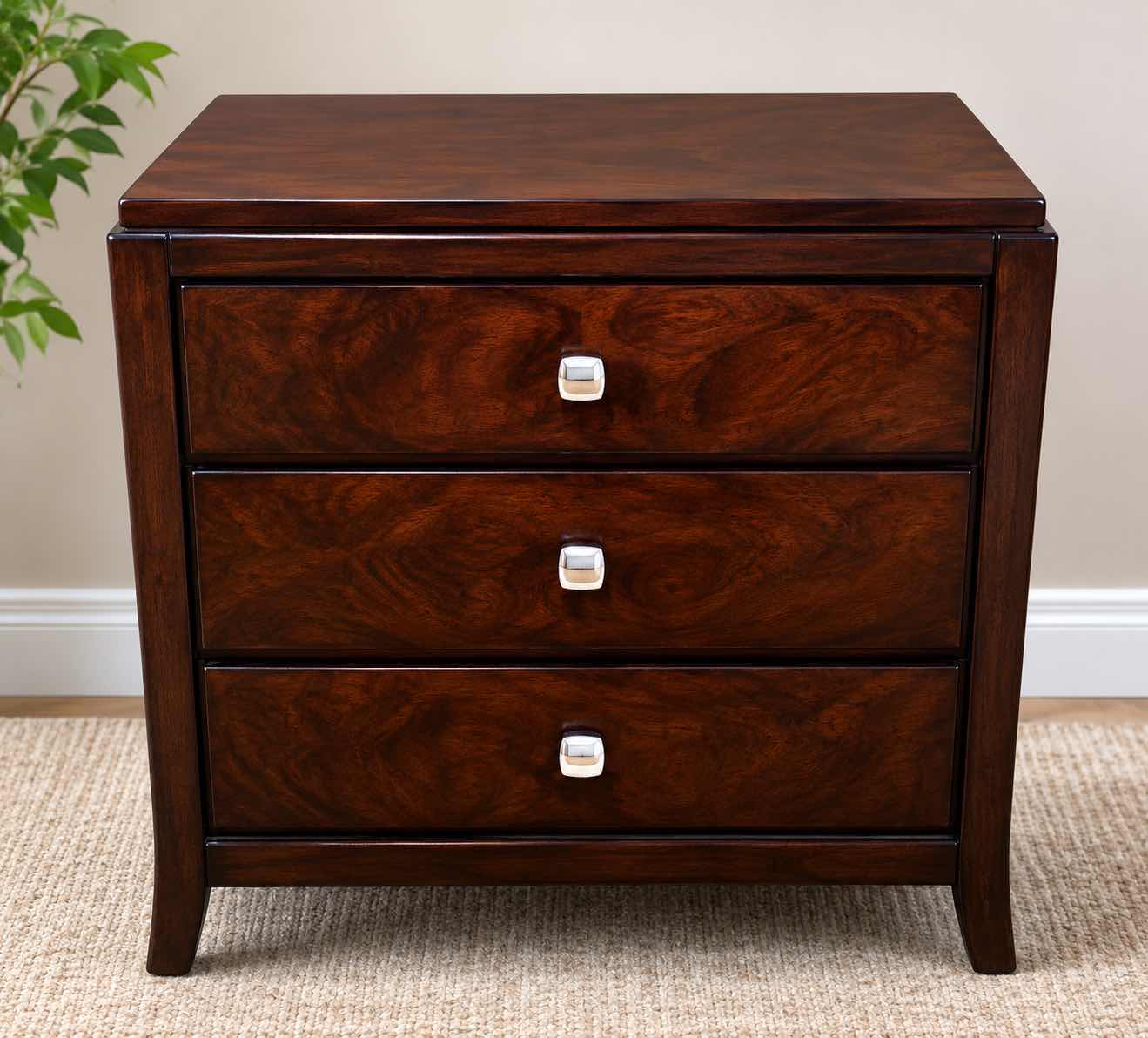 Photo 1 of DARK WOOD THREE-DRAWER NIGHTSTAND W HIGH-GLOSS FINISH BURLED WOOD VENEER DRAWER FRONTS & POLISHED METAL KNOBS.