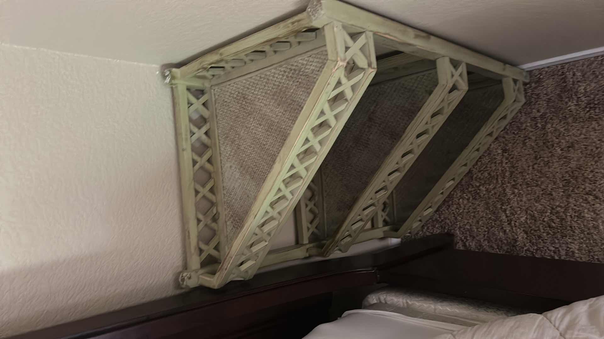Photo 1 of LIGHT GREEN VINTAGE CORNER SHELF, FAUX BAMBOO DESIGN FEATURING THREE TIERS WITH A CROSS-HATCH STRUCTURE. $239 22“ x 13 1/4“ x 29“