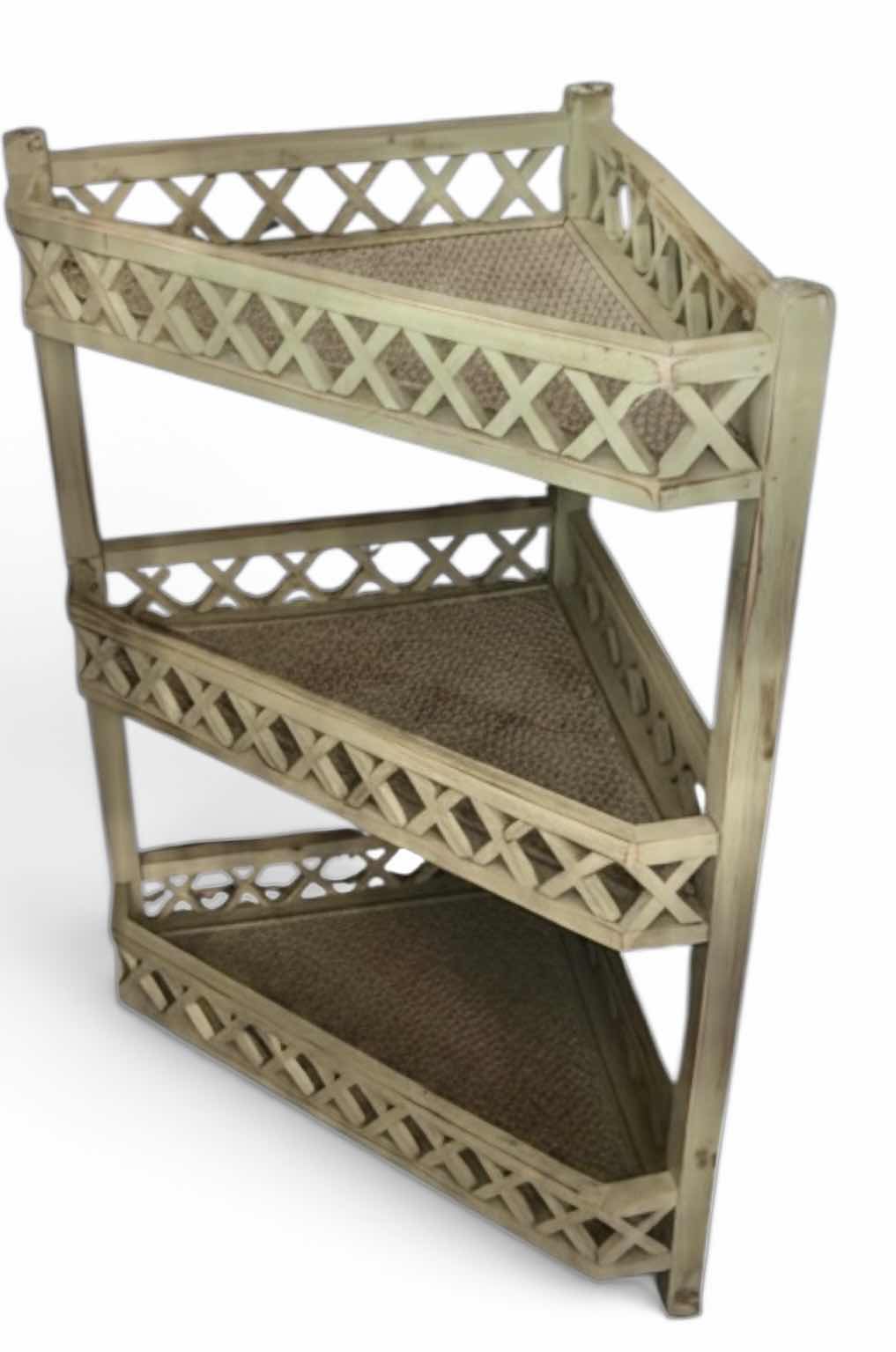 Photo 1 of LIGHT GREEN VINTAGE CORNER SHELF, FAUX BAMBOO DESIGN FEATURING THREE TIERS WITH A CROSS-HATCH STRUCTURE. $239 22“ x 13 1/4“ x 29“