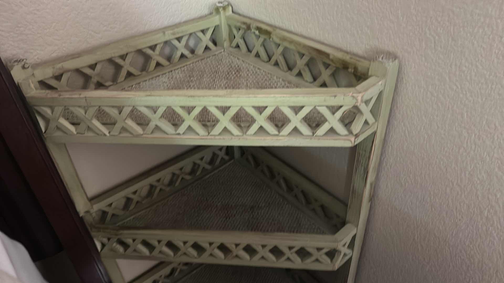 Photo 1 of LIGHT GREEN VINTAGE CORNER SHELF, FAUX BAMBOO DESIGN FEATURING THREE TIERS WITH A CROSS-HATCH STRUCTURE. $239 22“ x 13 1/4“ x 29“