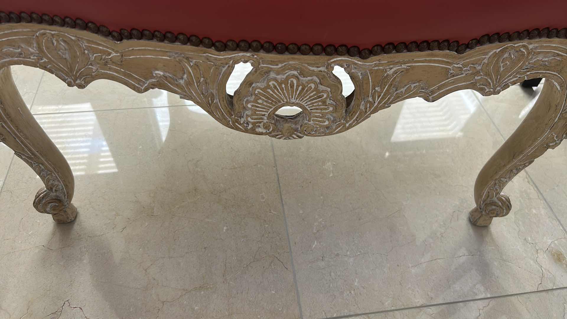 Photo 1 of FROM THE WYNN ESTATE RED LEATHER FRENCH LOUIS XV STYLE ARMCHAIR W WHITE WASHED CARVED WOOD FRAME