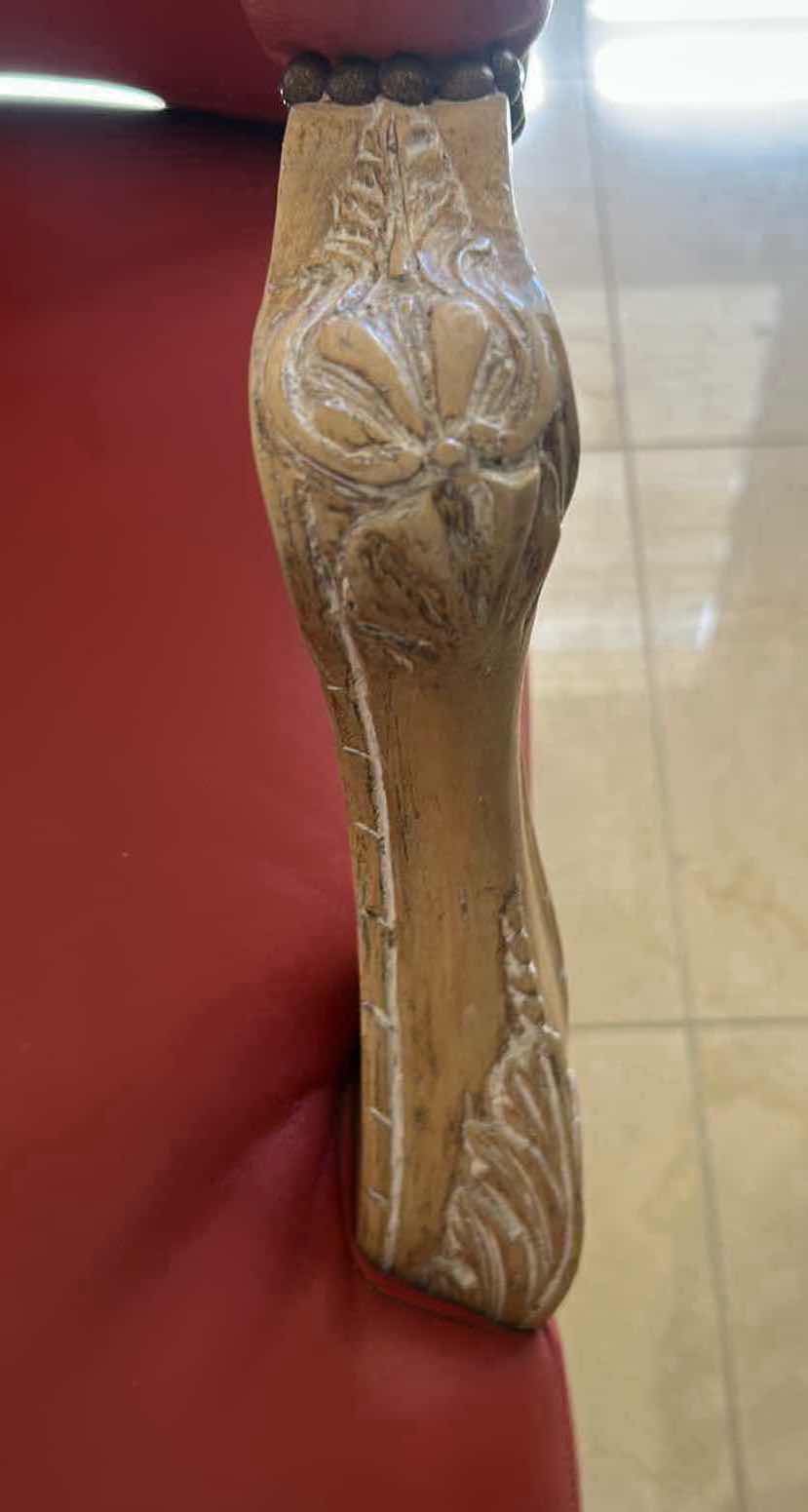 Photo 1 of FROM THE WYNN ESTATE RED LEATHER FRENCH LOUIS XV STYLE ARMCHAIR W WHITE WASHED CARVED WOOD FRAME