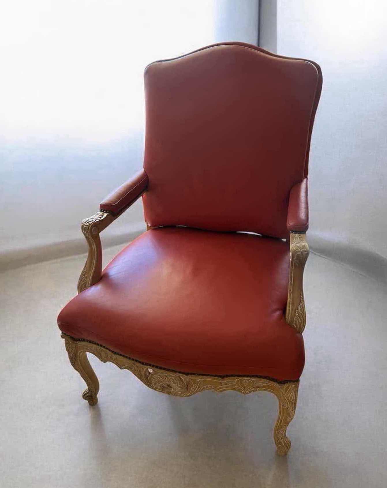 Photo 1 of FROM THE WYNN ESTATE RED LEATHER FRENCH LOUIS XV STYLE ARMCHAIR W WHITE WASHED CARVED WOOD FRAME