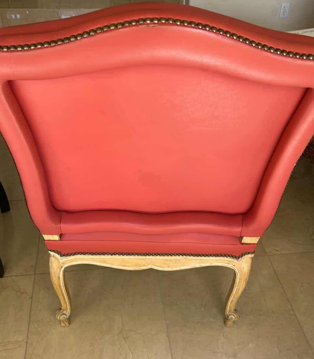 Photo 1 of FROM THE WYNN ESTATE RED LEATHER FRENCH LOUIS XV STYLE ARMCHAIR W WHITE WASHED CARVED WOOD FRAME
