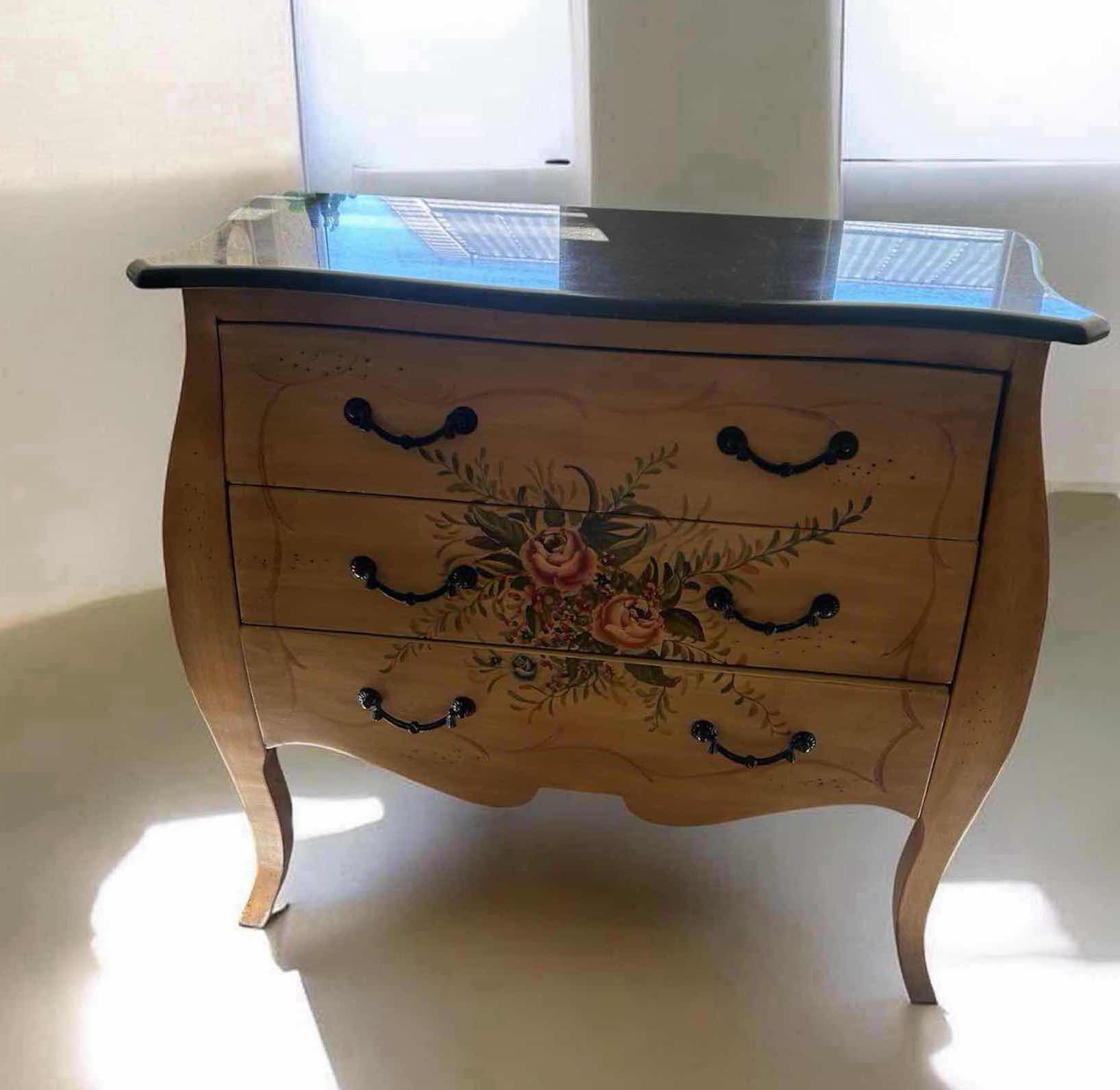Photo 1 of VINTAGE STYLE BOMBE CHEST W HAND PAINTED FLORAL DESIGN CURVED DRAWERS 34" X 17" H 32"