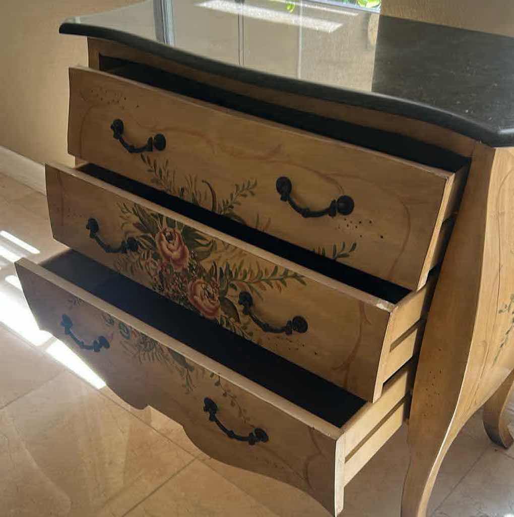 Photo 1 of VINTAGE STYLE BOMBE CHEST W HAND PAINTED FLORAL DESIGN CURVED DRAWERS 34" X 17" H 32"