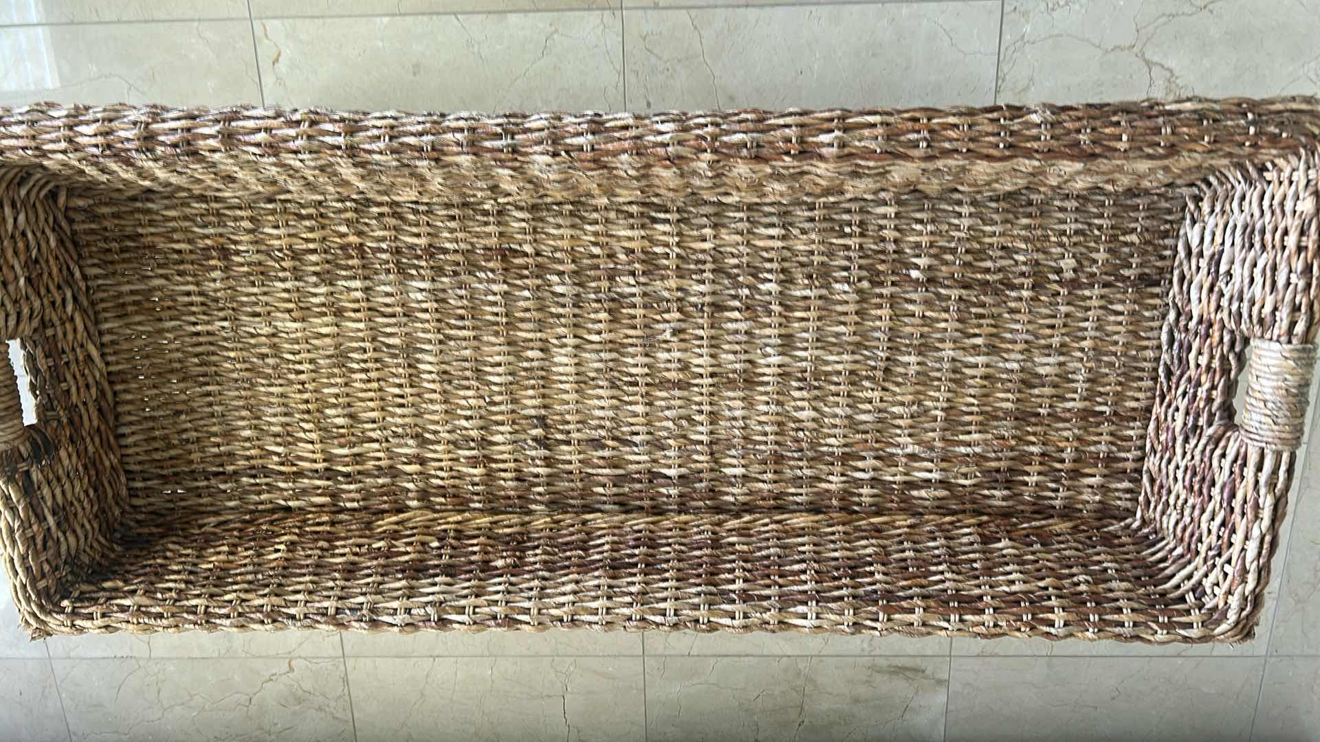 Photo 1 of PADMA PLANTATION BASKET COFFEE TABLE W UNIQUE WOVEN DESIGN W DARK LEGS 47" X 19" H 18" $250