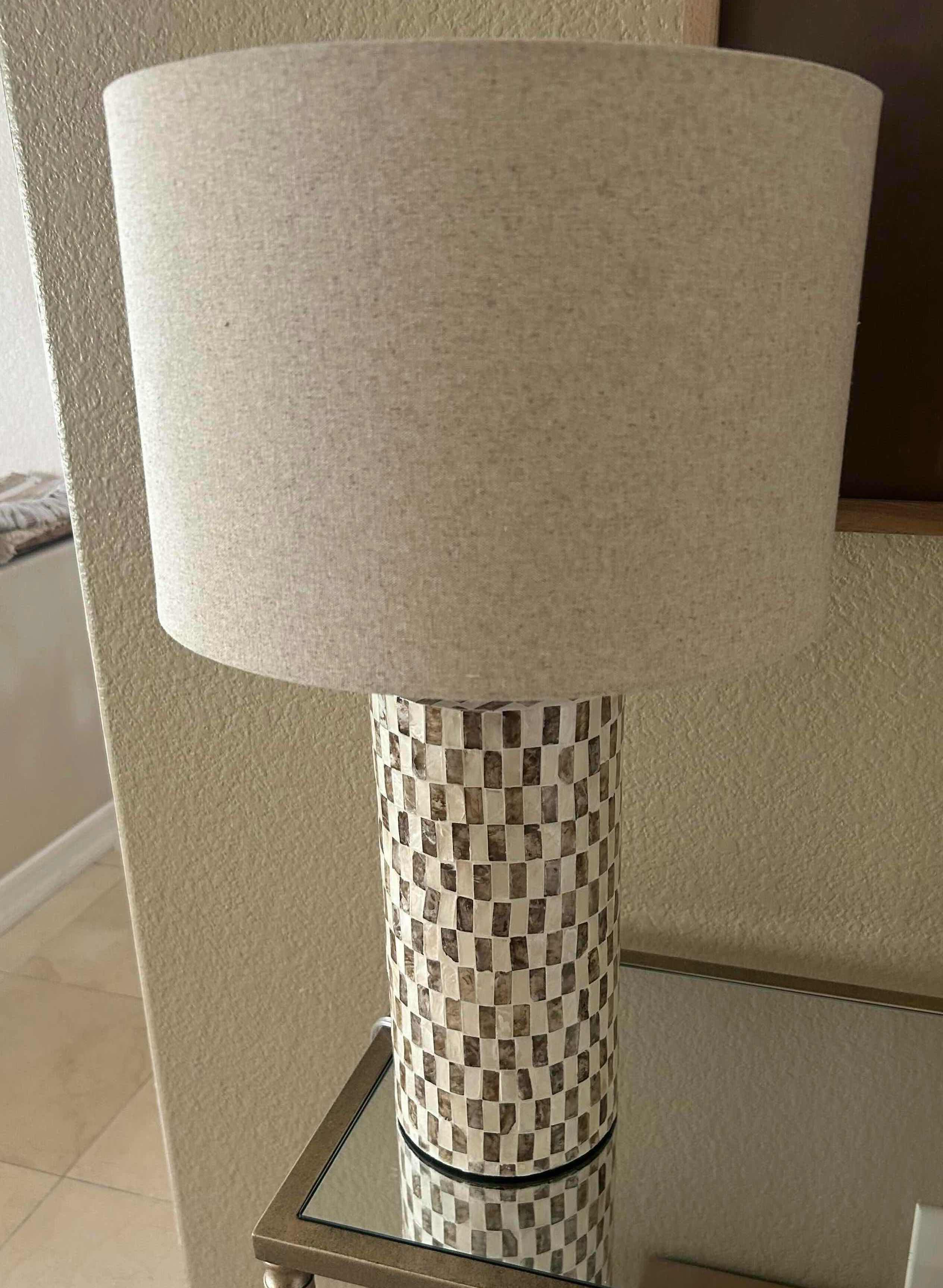 Photo 1 of TIA LAMP W CYLINDER MOSAIC PATTERN BASE & BEIGE DRUM SHADE H 24"