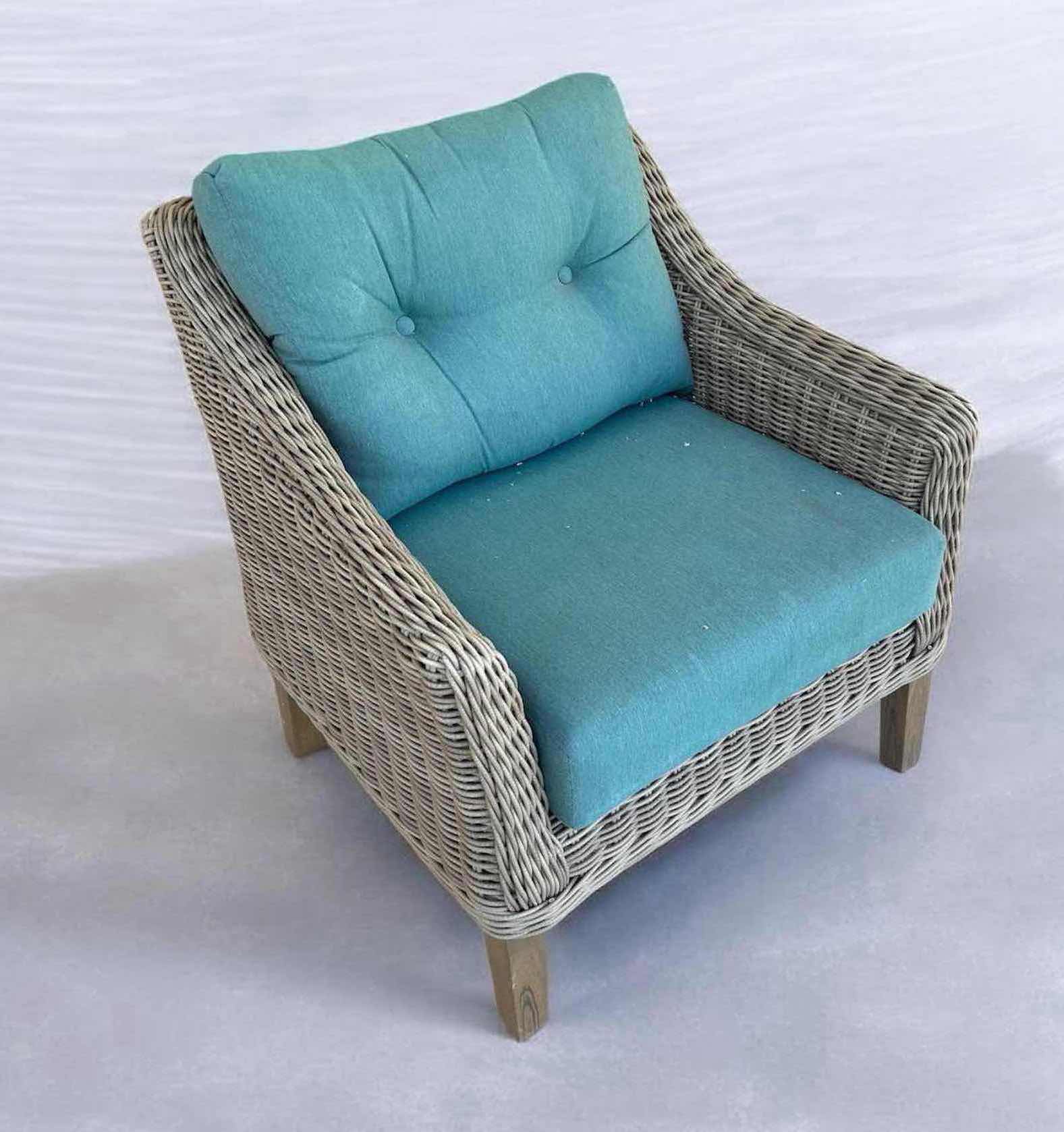 Photo 1 of FOREVER PATIO CARLISLE OUT DOOR CLUB CHAIR W GRAY SYNTHETIC WICKER & TURQUOISE CUSHIONS