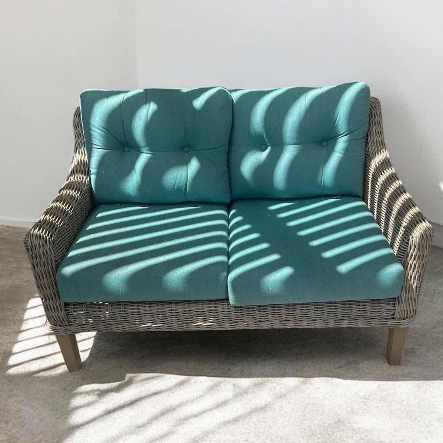 Photo 1 of FOREVER PATIO CARLISLE LOVESEAT W TURQUOISE CUSHIONS 50"