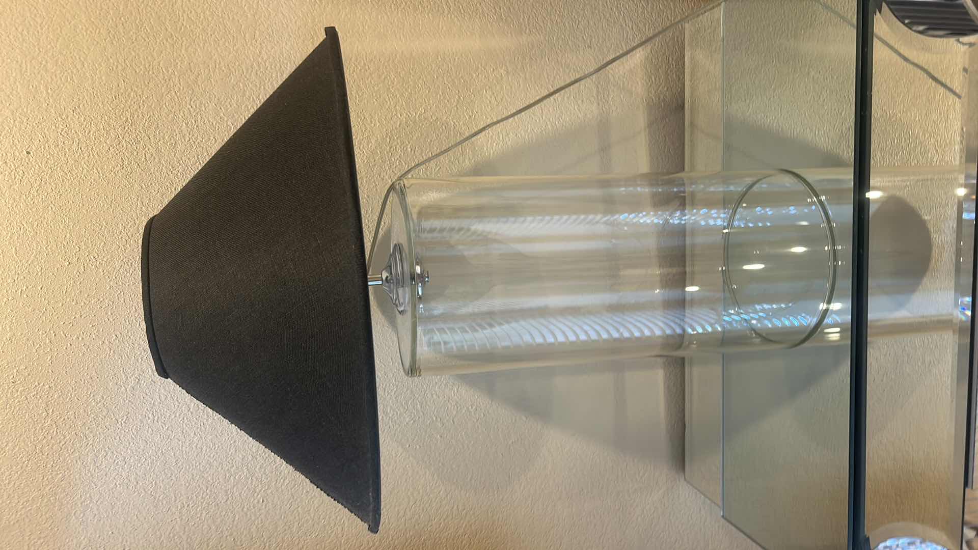 Photo 1 of CONTEMPORARY GLASS CYLINDER TABLE LAMP W BLACK WOVEN FABRIC TAPERED SHADE H28””