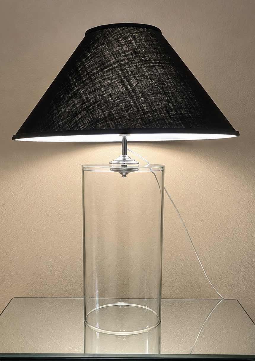 Photo 1 of CONTEMPORARY GLASS CYLINDER TABLE LAMP W BLACK WOVEN FABRIC TAPERED SHADE H28””