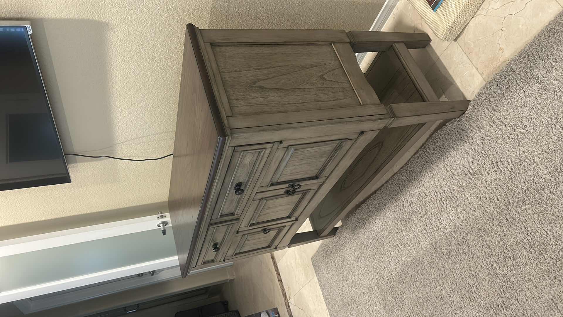 Photo 1 of PIKE & MAIN COLLIN 47” ACCENT CONSOLE FEATURES A DISTRESSED GRAY BASE WITH A DARK WOOD TOP. 47 x 16“ x H36“ $279
