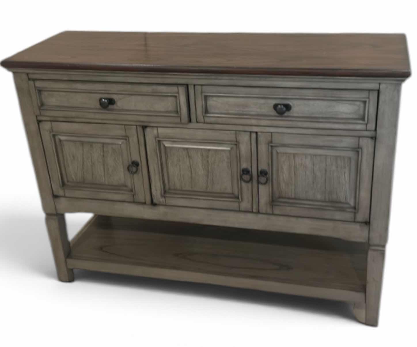 Photo 1 of PIKE & MAIN COLLIN 47” ACCENT CONSOLE FEATURES A DISTRESSED GRAY BASE WITH A DARK WOOD TOP. 47 x 16“ x H36“ $279