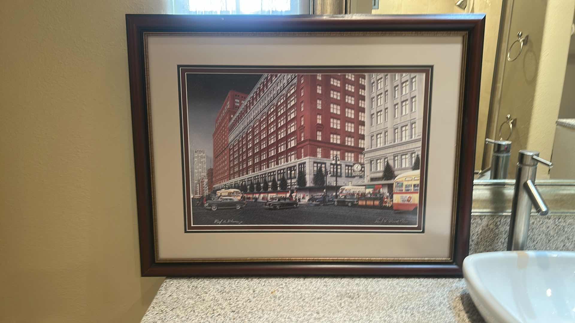 Photo 1 of FRAMED ART PRINT DEPICTS THE J.L. HUDSON DEPARTMENT STORE IN DETROIT, MICHIGAN, SHOWCASING THE ICONIC BUILDING DURING THE CHRISTMAS SEASON OF 1951. 35 1/4” x H27 1/4” ARTWORK