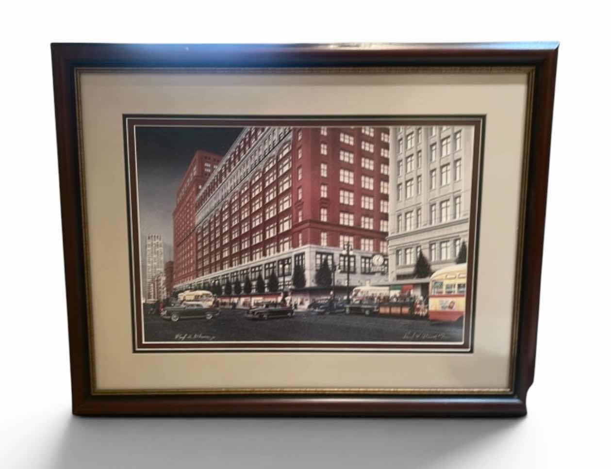 Photo 1 of FRAMED ART PRINT DEPICTS THE J.L. HUDSON DEPARTMENT STORE IN DETROIT, MICHIGAN, SHOWCASING THE ICONIC BUILDING DURING THE CHRISTMAS SEASON OF 1951. 35 1/4” x H27 1/4” ARTWORK