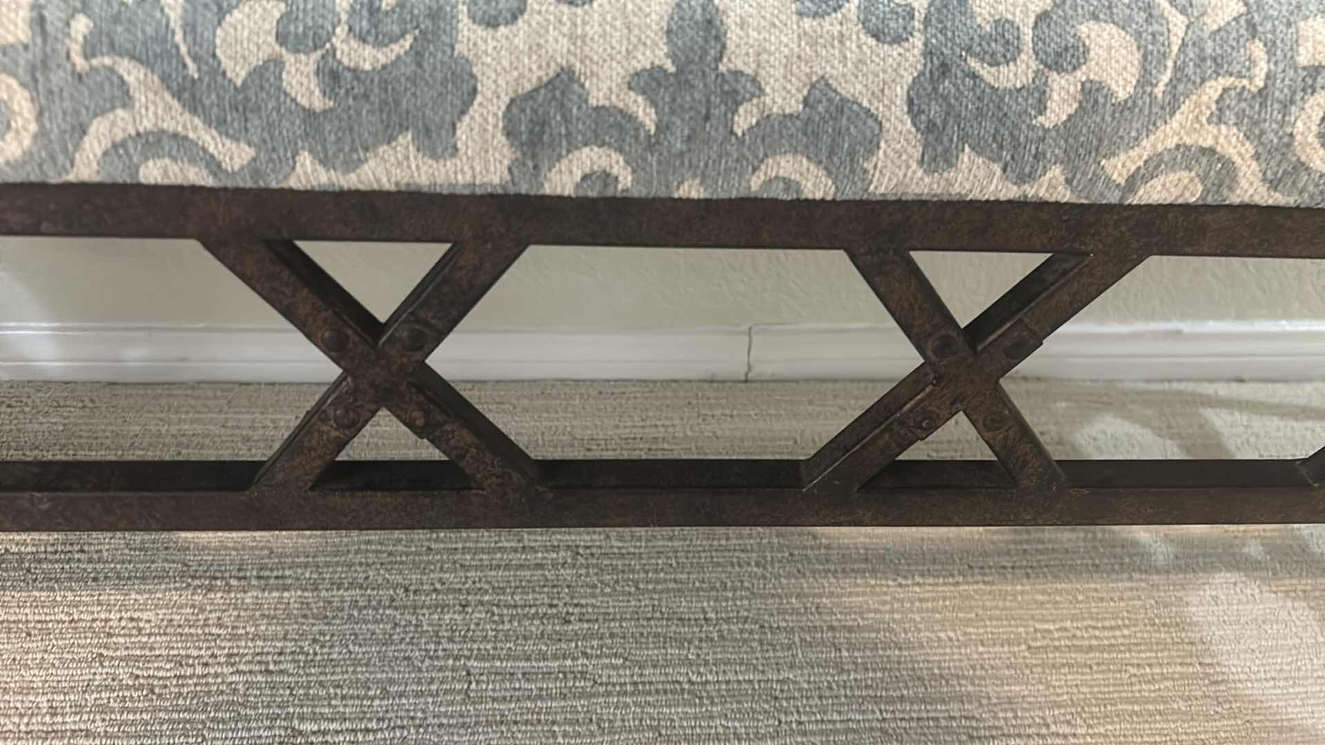 Photo 1 of LONG CUSTOM UPHOLSTERED BENCH W DAMASK PATTERN FABRIC & OPEN INTERLOCKING GEOMETRIC FRAME BASE. 57" C 17" H19" $100