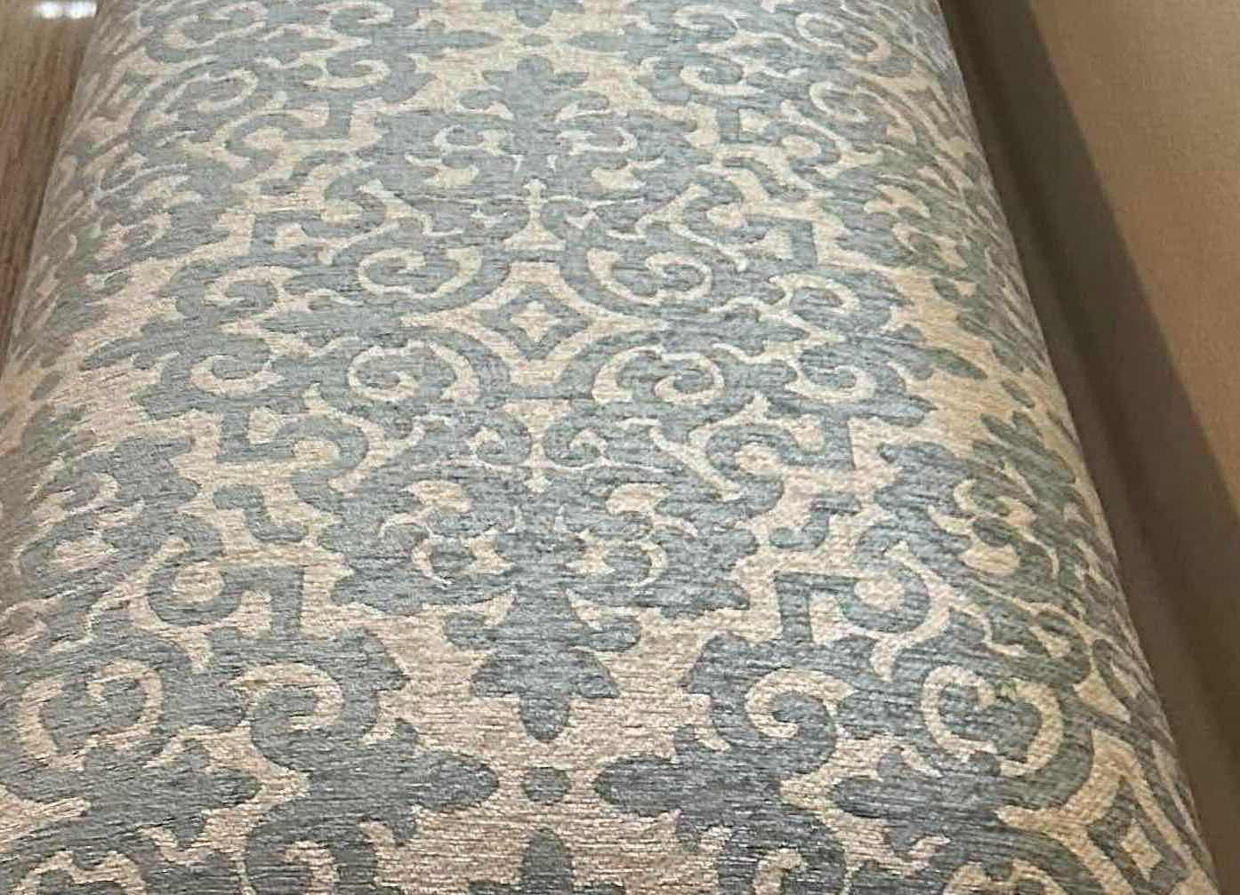 Photo 1 of LONG CUSTOM UPHOLSTERED BENCH W DAMASK PATTERN FABRIC & OPEN INTERLOCKING GEOMETRIC FRAME BASE. 57" C 17" H19" $100