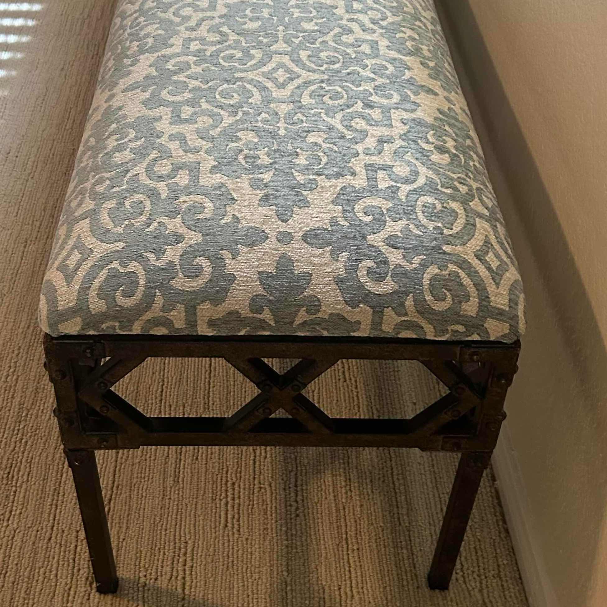 Photo 1 of LONG CUSTOM UPHOLSTERED BENCH W DAMASK PATTERN FABRIC & OPEN INTERLOCKING GEOMETRIC FRAME BASE. 57" C 17" H19" $100