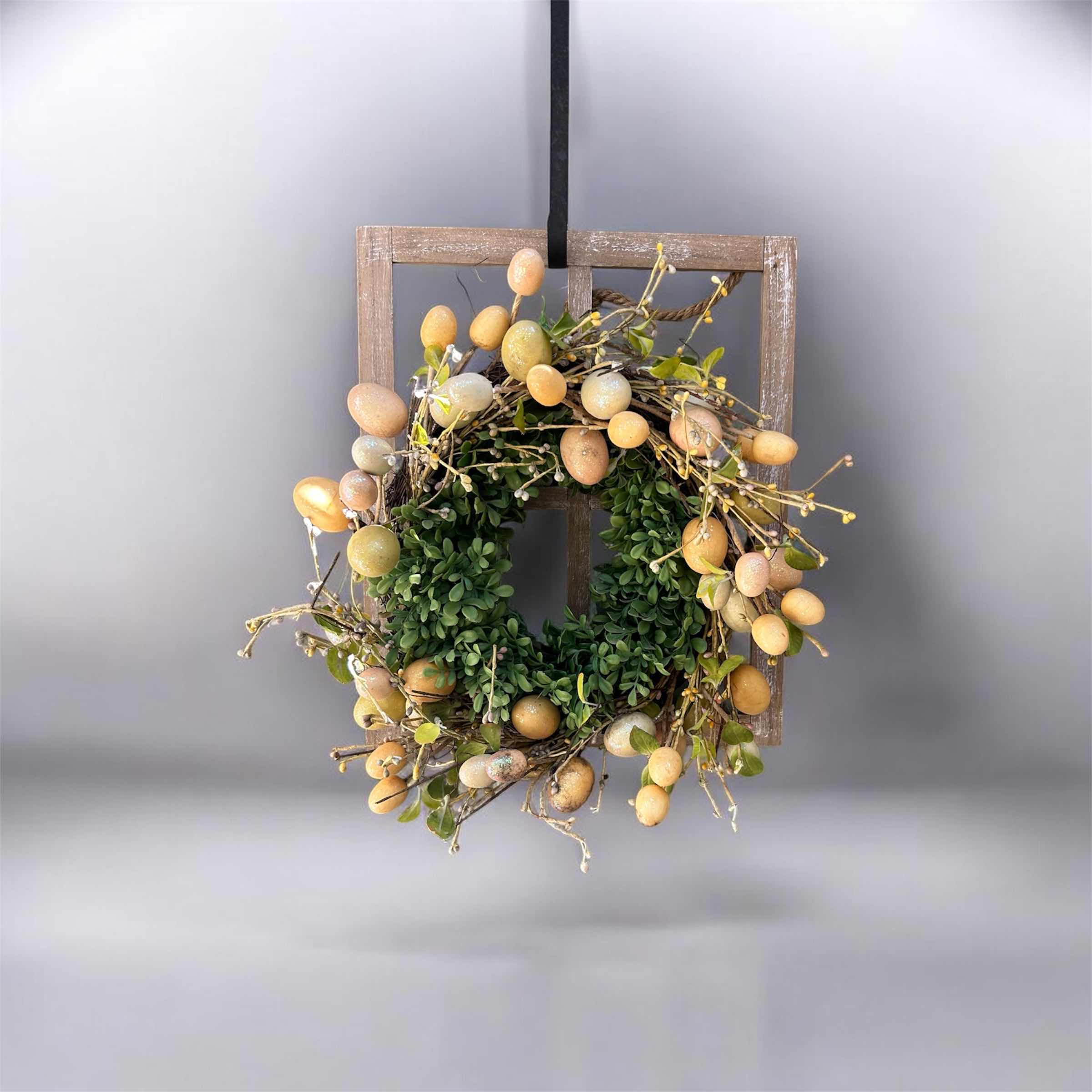 Photo 1 of RUSTIC DECOR STEALS EASTER EGG WREATH w 14" X 20" & 3 COLORFUL EMBOSSED METAL PLATES ON A VERTICAL BLACK METAL WALL HOLDER 35"