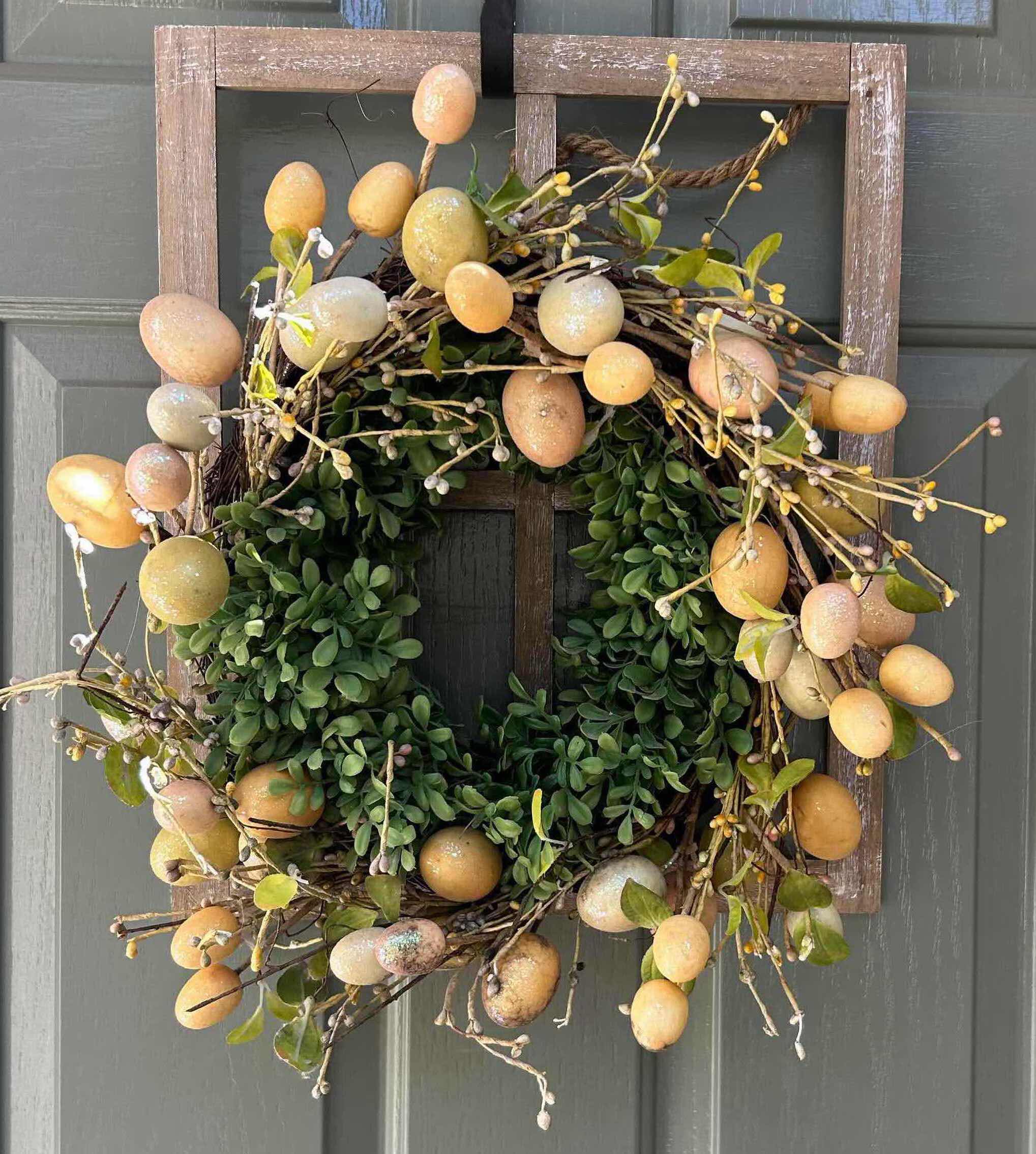 Photo 1 of RUSTIC DECOR STEALS EASTER EGG WREATH w 14" X 20" & 3 COLORFUL EMBOSSED METAL PLATES ON A VERTICAL BLACK METAL WALL HOLDER 35"