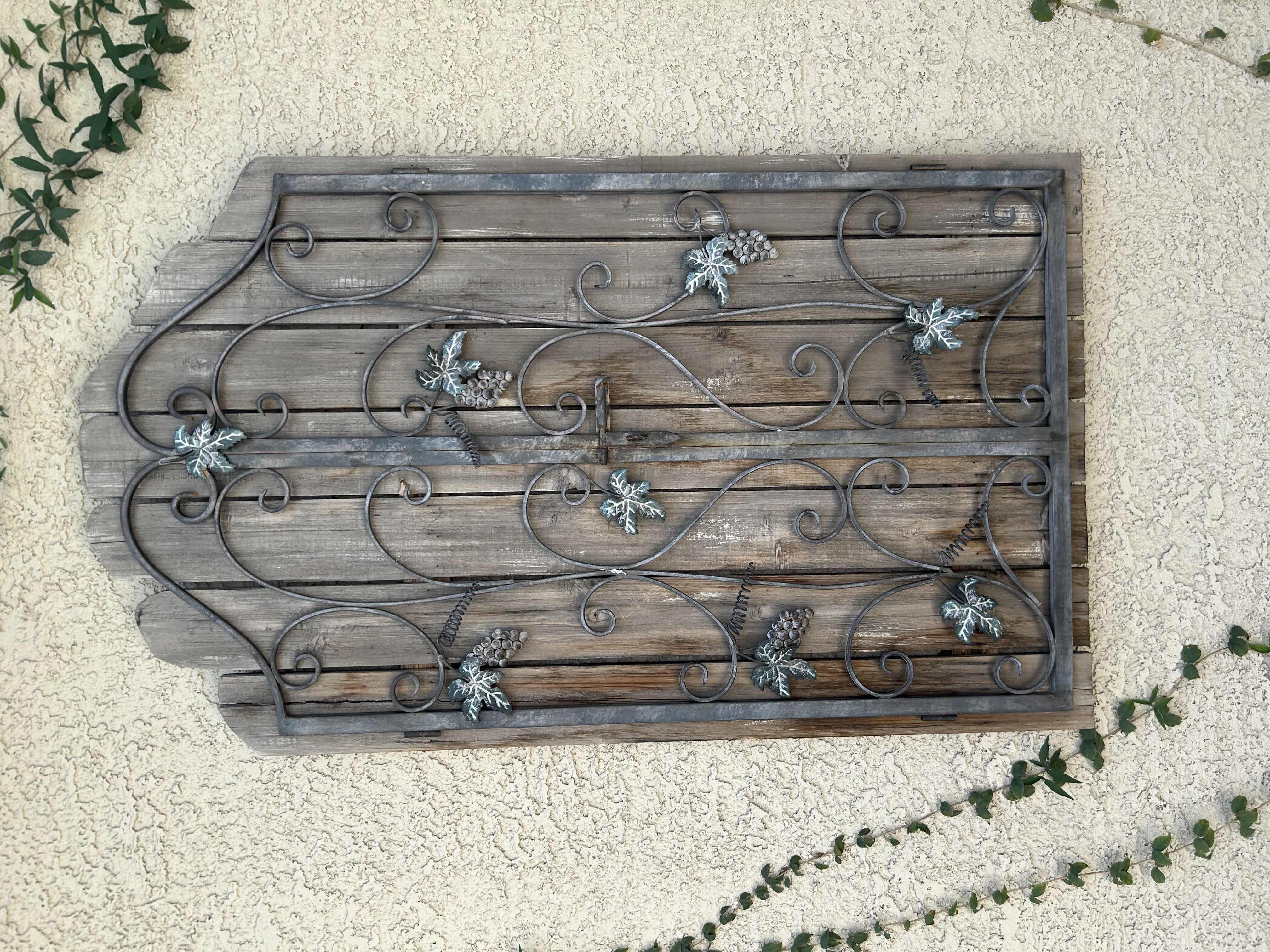 Photo 1 of DECORATIVE RUSTIC WOOD & WROUGHT IRON GARDEN GATE WALL PANEL W ORNATE GRAPE VINE SCROLLWORK 25" X 52"