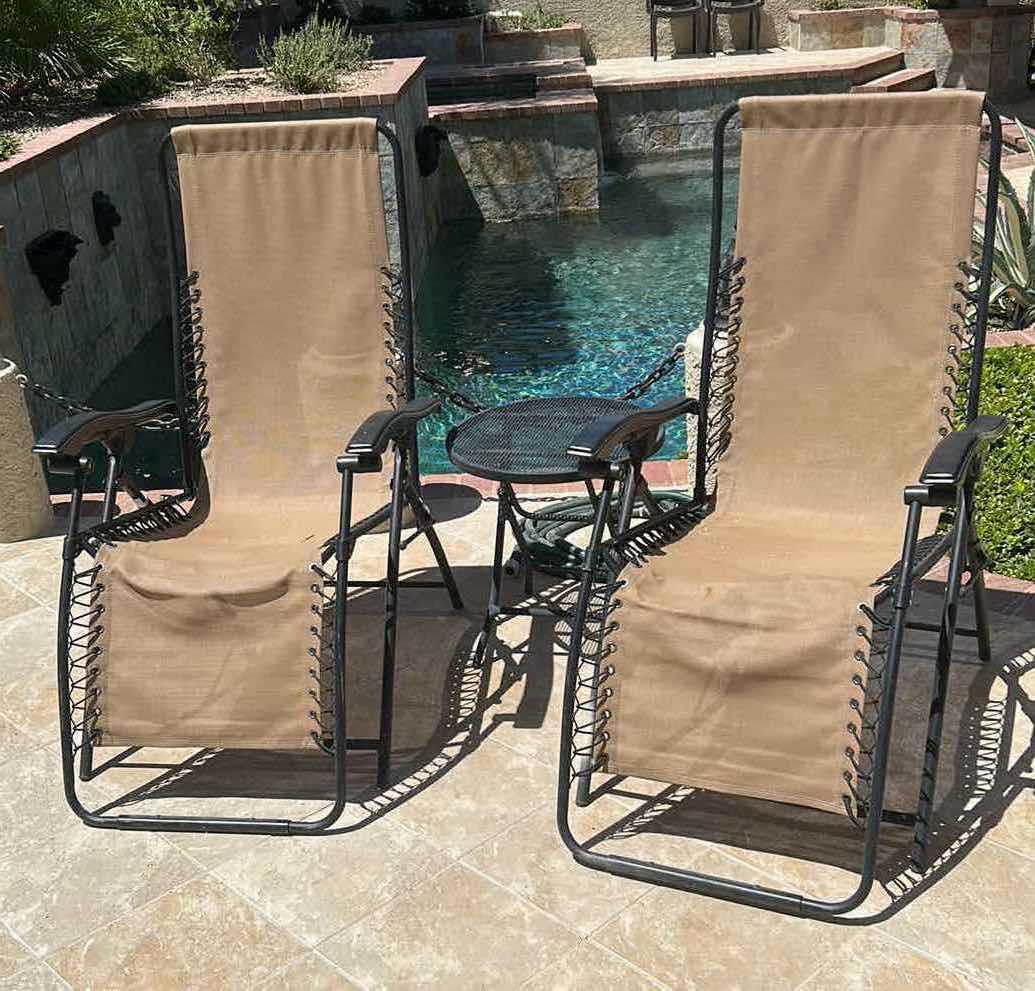 Photo 1 of 2- BEIGE ZERO GRAVITY OUTDOOR RECLINING CHAIR W SMALL ROUND METAL TABLE