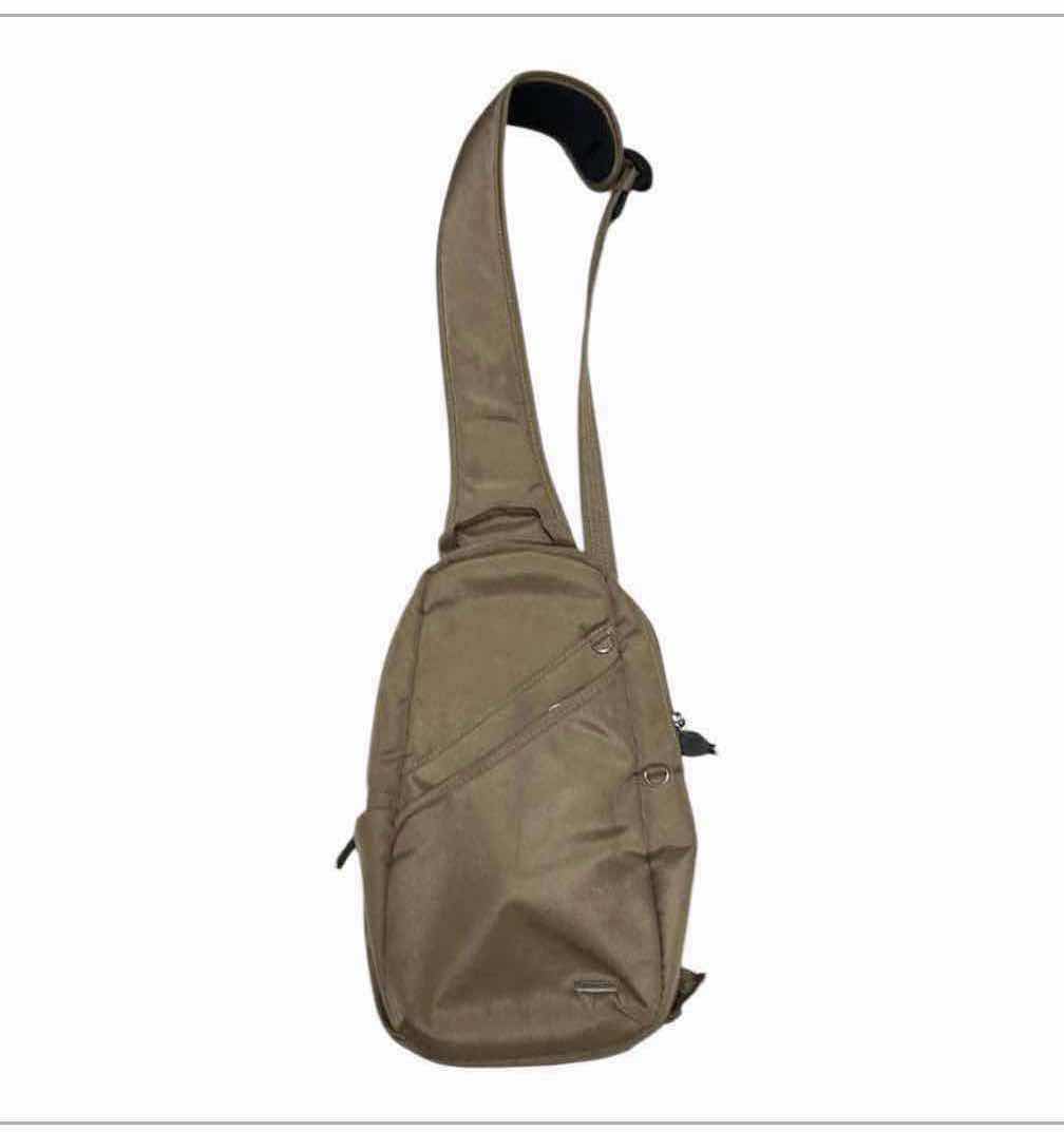 Photo 1 of TRAVELON ANTI THEFT CLASSIC SLING BAG TAUPE W SLASH RESISTANT MESH PANELS