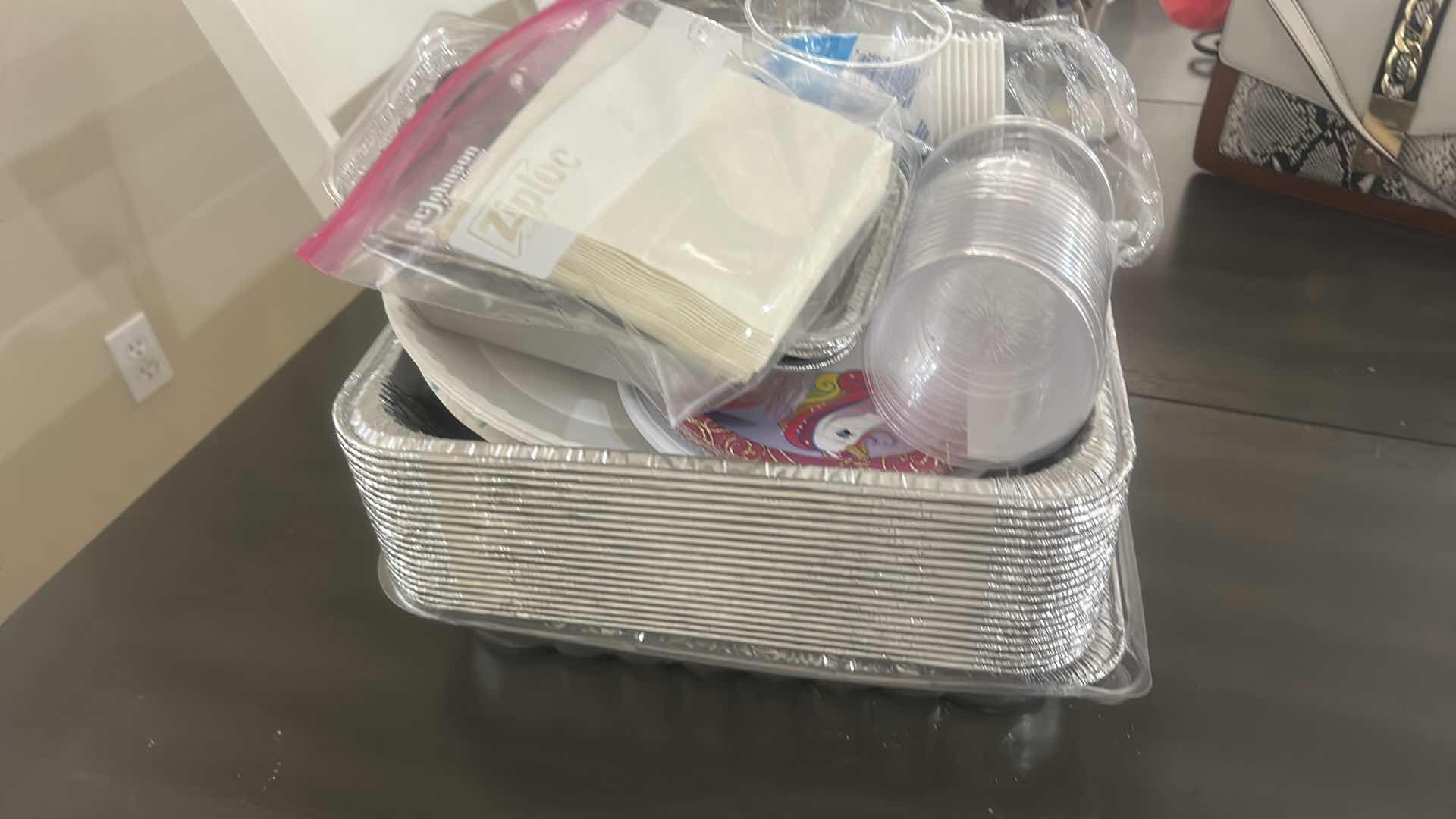 Photo 1 of ASSORTED GLASS SERVING PIECES, HOLIDAY PAPER GOODS, CUPS, NAPKINS, STRAWS, AND DECORATIVE PLATES.