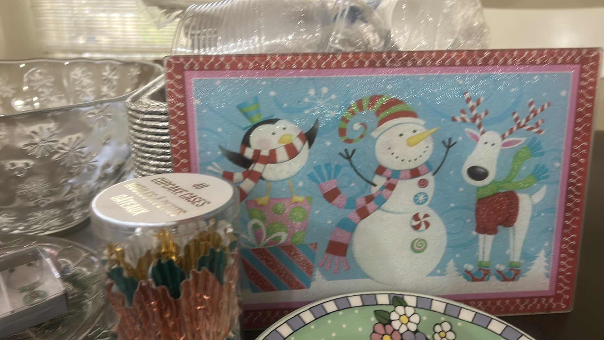 Photo 1 of ASSORTED GLASS SERVING PIECES, HOLIDAY PAPER GOODS, CUPS, NAPKINS, STRAWS, AND DECORATIVE PLATES.