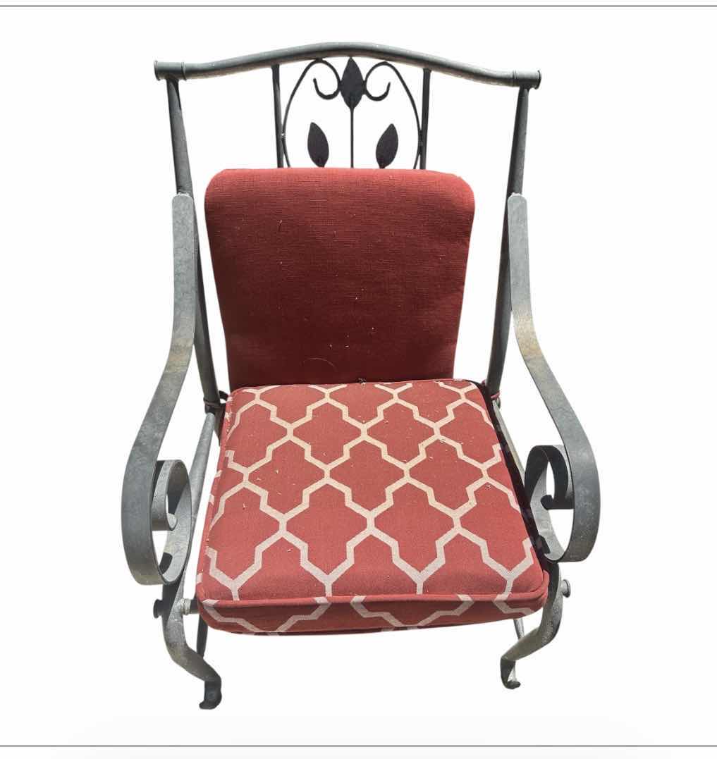 Photo 1 of RED GREY METAL OUT DOOR ARM CHAIR W GEOMETRIC TRELLIS PATTERN ON CUSHIONS