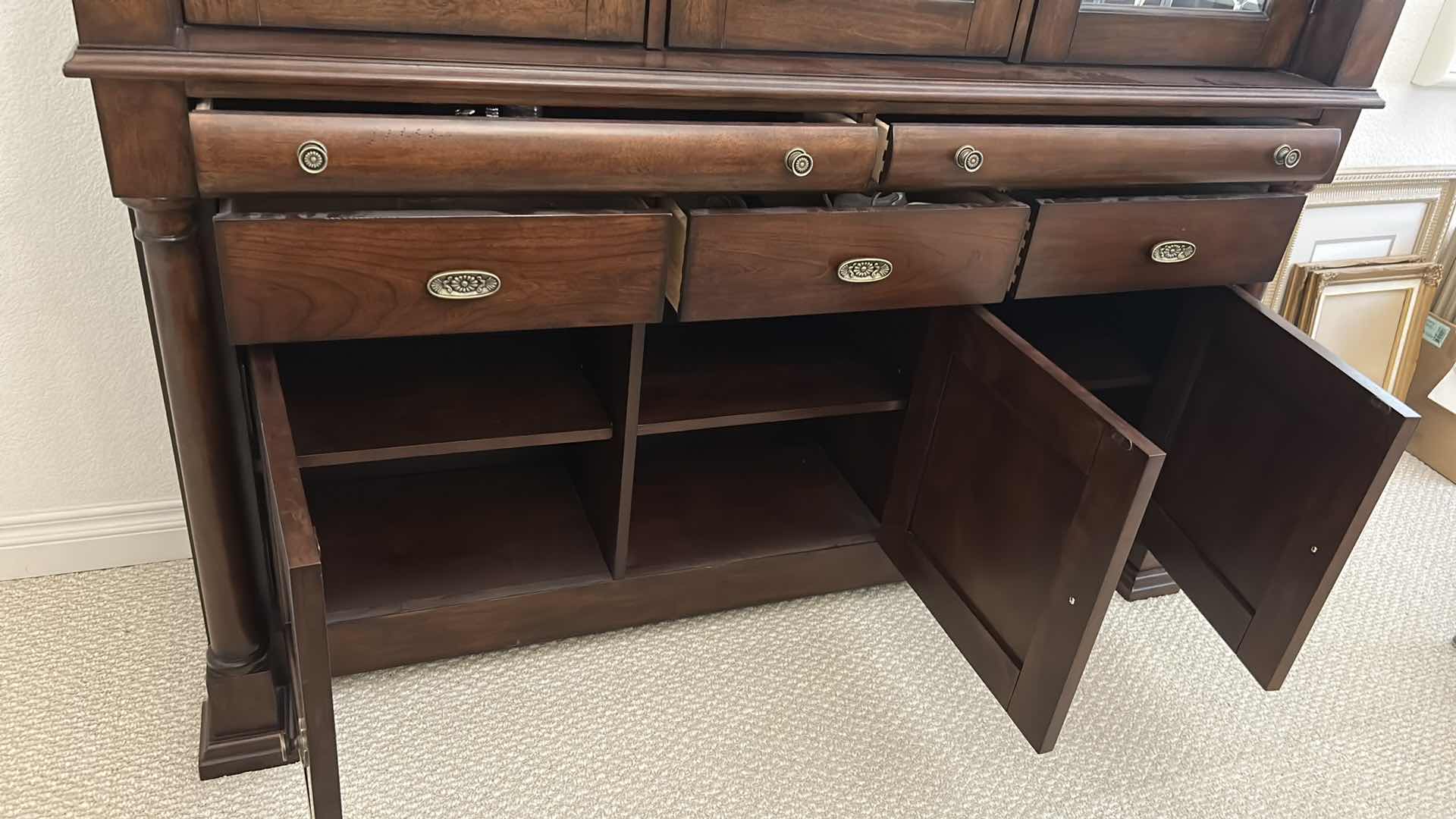 Photo 1 of BASSETT DARK WOOD CHINA CABINET W GLASS DOORS INTERNAL SHELVING & ANTIQUE STYLE HARDWARE CABINET ONLY 64" X 17" H 87"