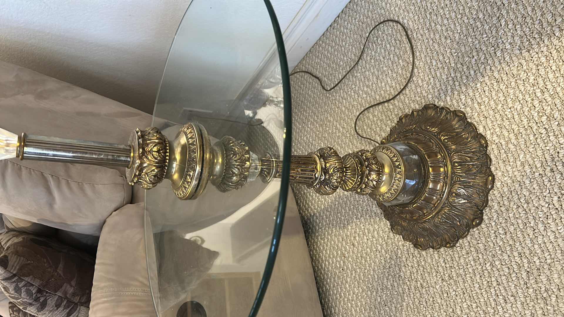 Photo 1 of VINTAGE HOLLYWOOD REGENCY STYLE FLOOR LAMP W BRASS BASE GLASS SIDE TABLE SCALLOPED WHITE FABRIC SHADE H 57"