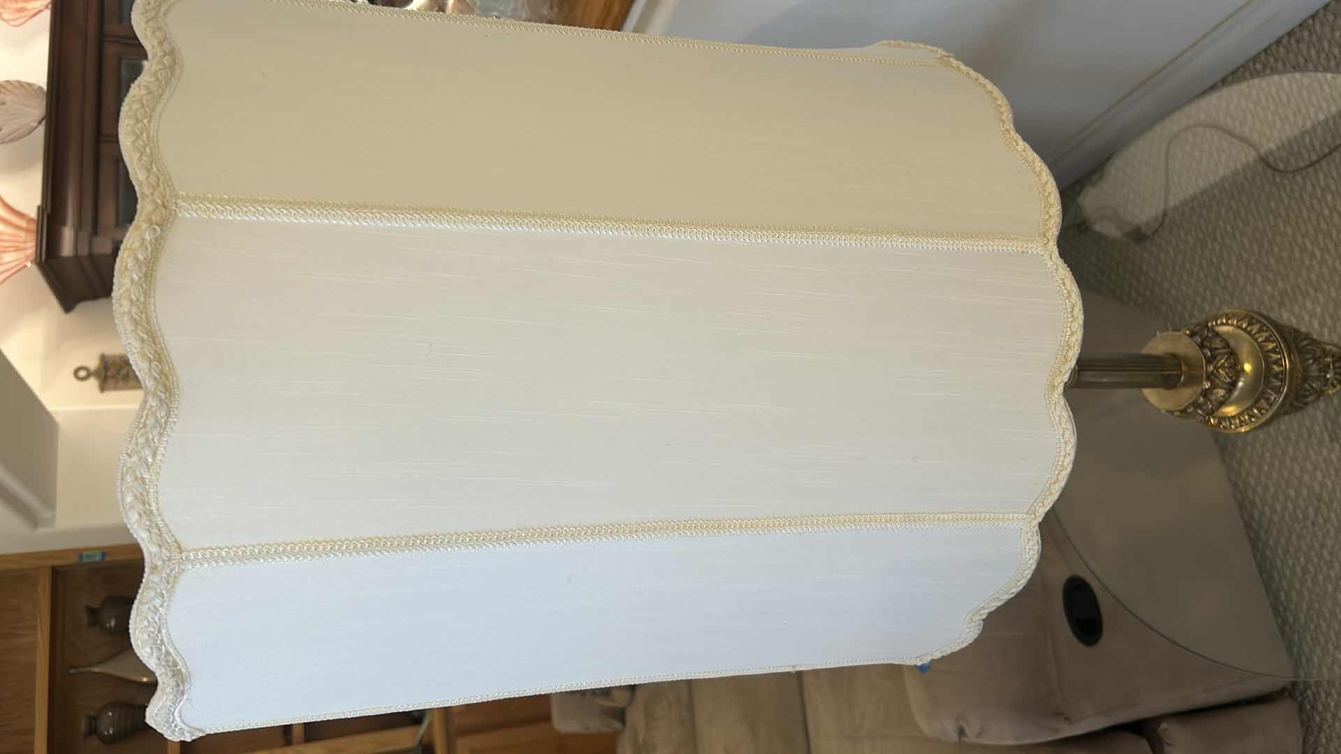 Photo 1 of VINTAGE HOLLYWOOD REGENCY STYLE FLOOR LAMP W BRASS BASE GLASS SIDE TABLE SCALLOPED WHITE FABRIC SHADE H 57"