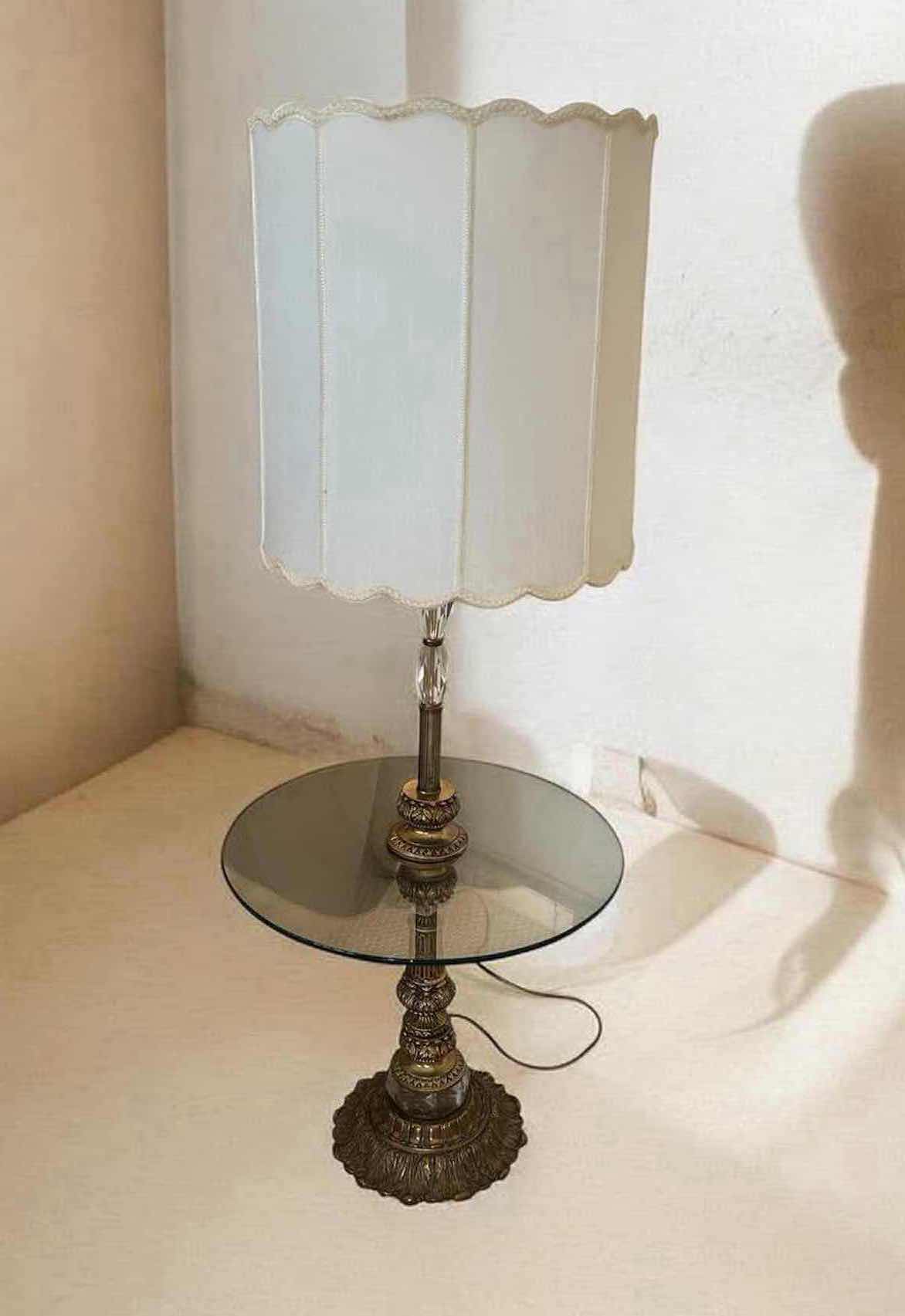 Photo 1 of VINTAGE HOLLYWOOD REGENCY STYLE FLOOR LAMP W BRASS BASE GLASS SIDE TABLE SCALLOPED WHITE FABRIC SHADE H 57"