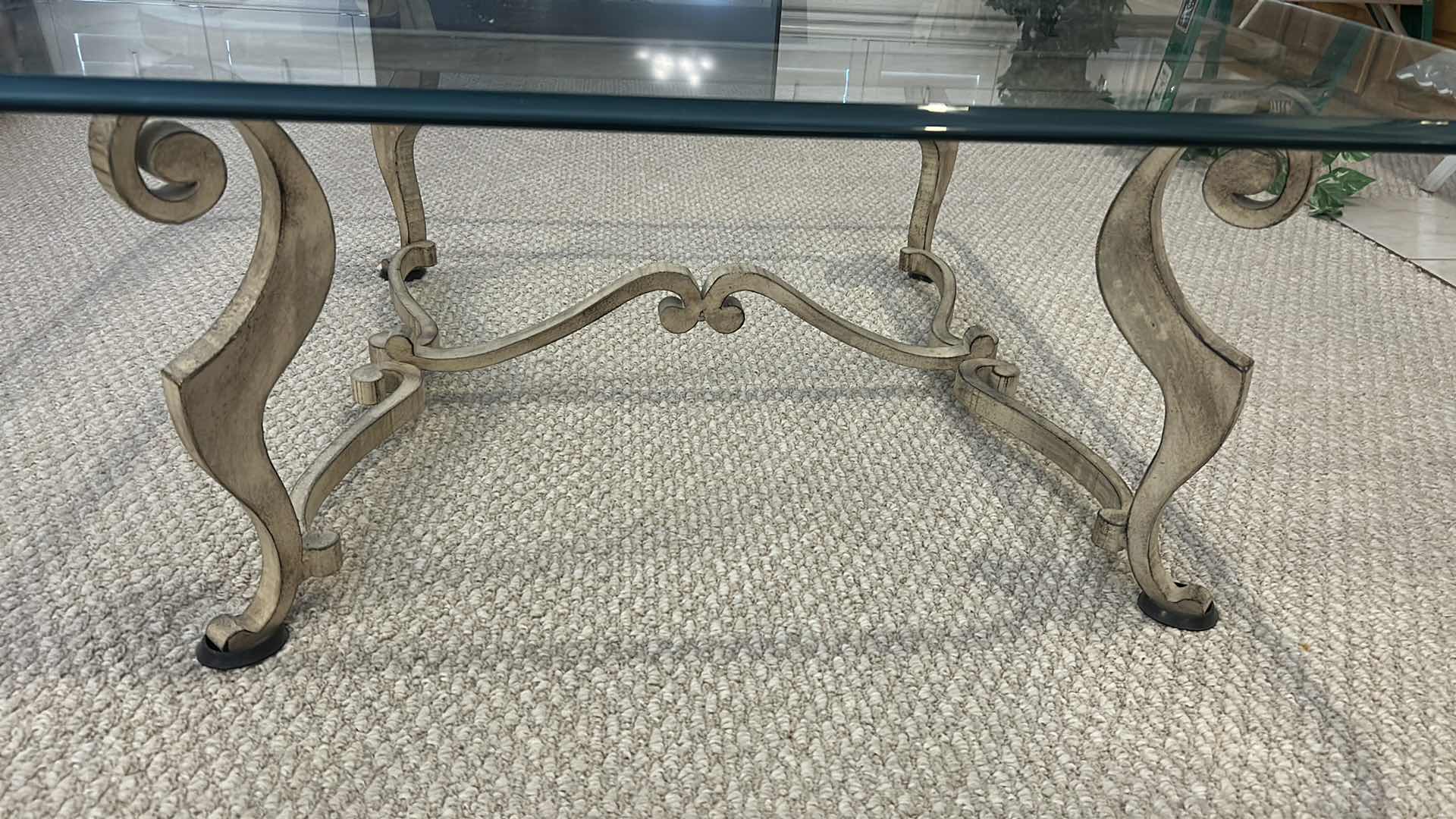 Photo 1 of COFFEE TABLE W HOLLYWOOD REGENCY STYLE DESIGN W BEVELED GLASS TOP & GILDED WROUGHT IRON BASE 39" X 39" H 17"