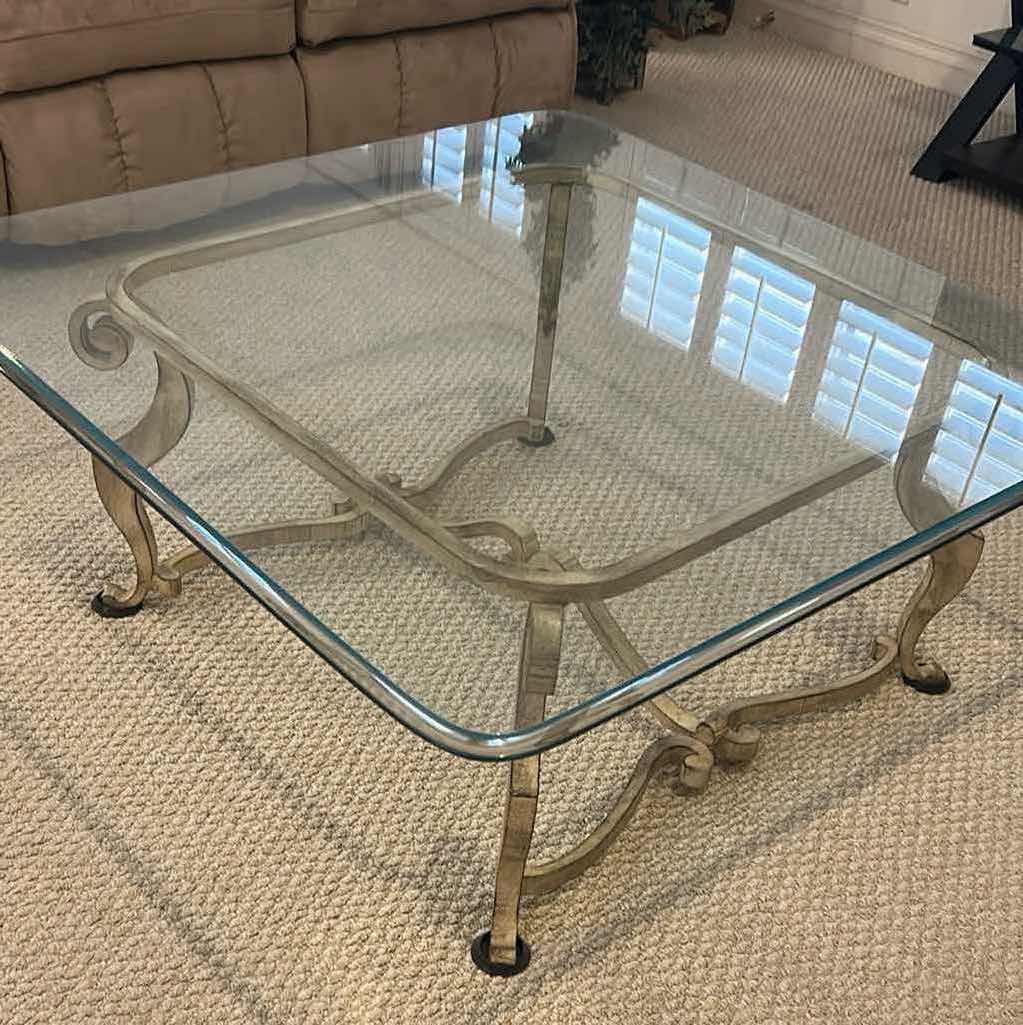 Photo 1 of COFFEE TABLE W HOLLYWOOD REGENCY STYLE DESIGN W BEVELED GLASS TOP & GILDED WROUGHT IRON BASE 39" X 39" H 17"