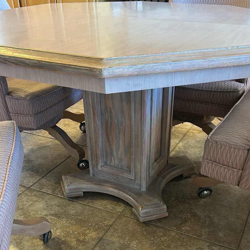 View 2 of VINTAGE STYLE OCTAGON PEDESTAL DINING TABLE W 4 ROLLING CHAIRS 3 LEAVES INCLUDED
