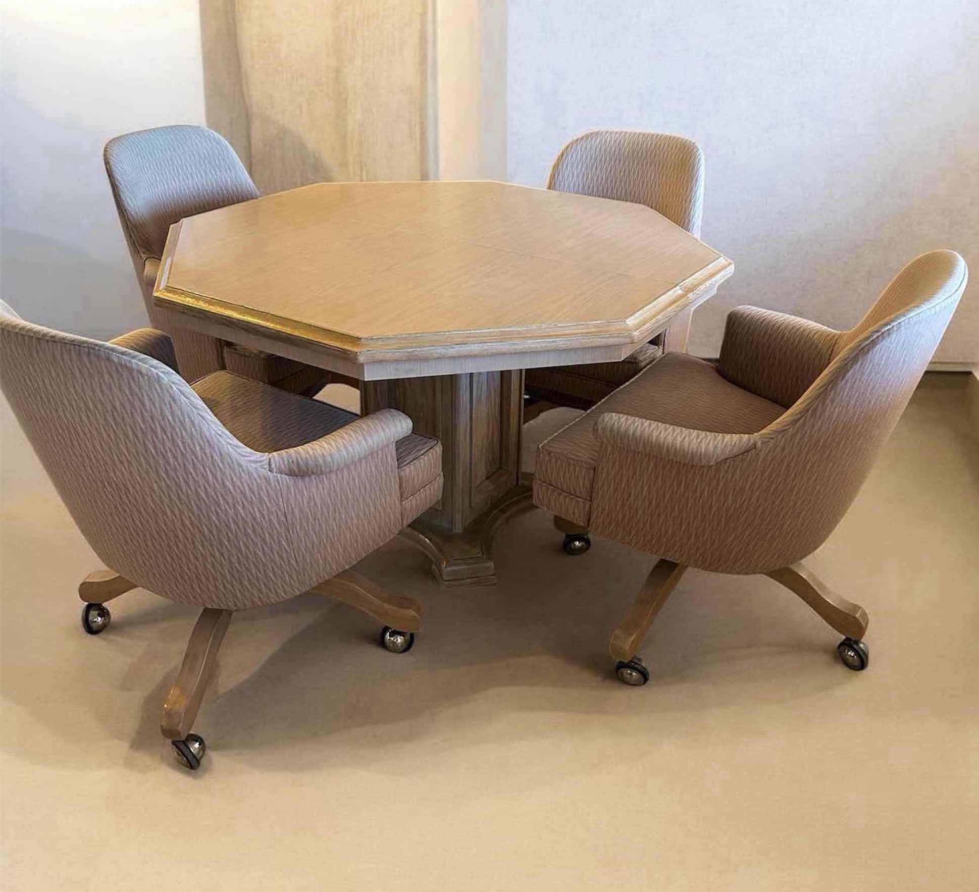 View 1 of VINTAGE STYLE OCTAGON PEDESTAL DINING TABLE W 4 ROLLING CHAIRS 3 LEAVES INCLUDED