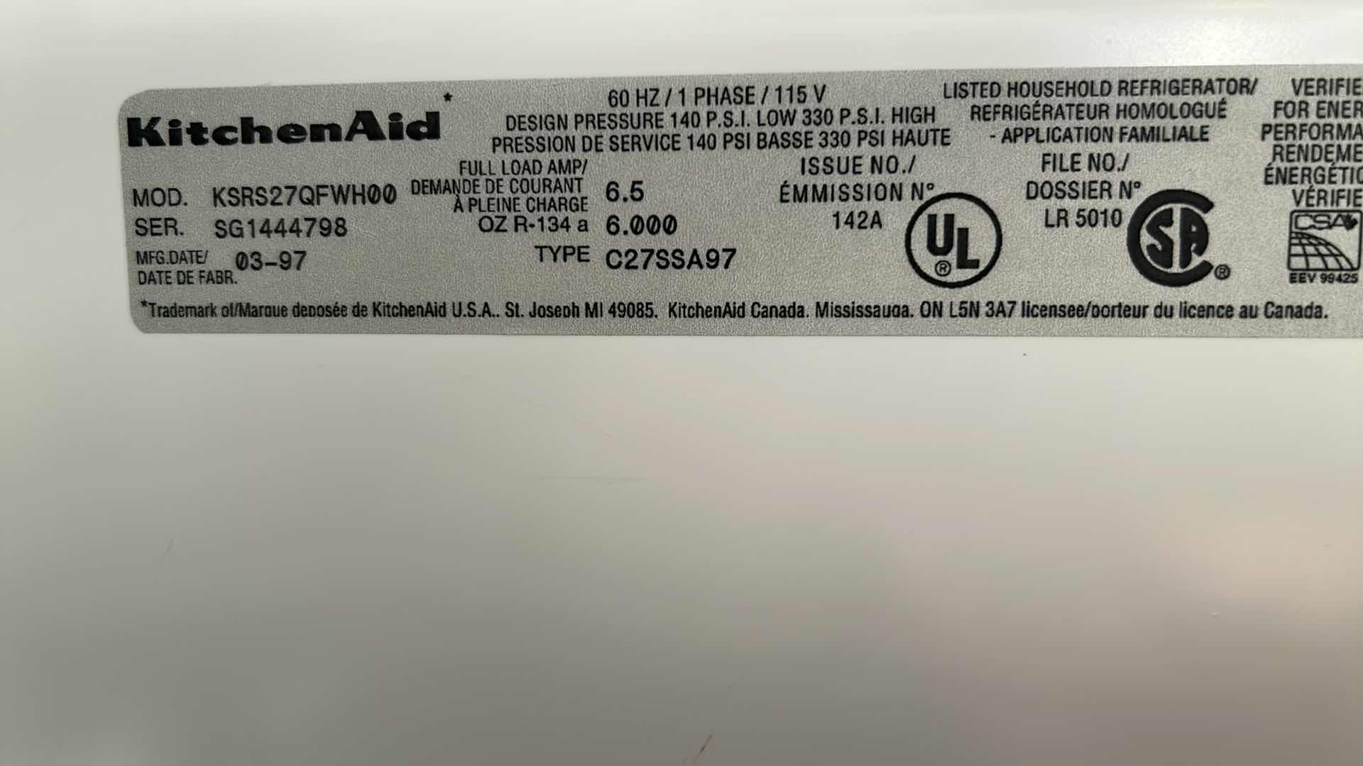 Photo 1 of KITCHENAID SUPERBA SIDE BY SIDE REFRIGERATOR